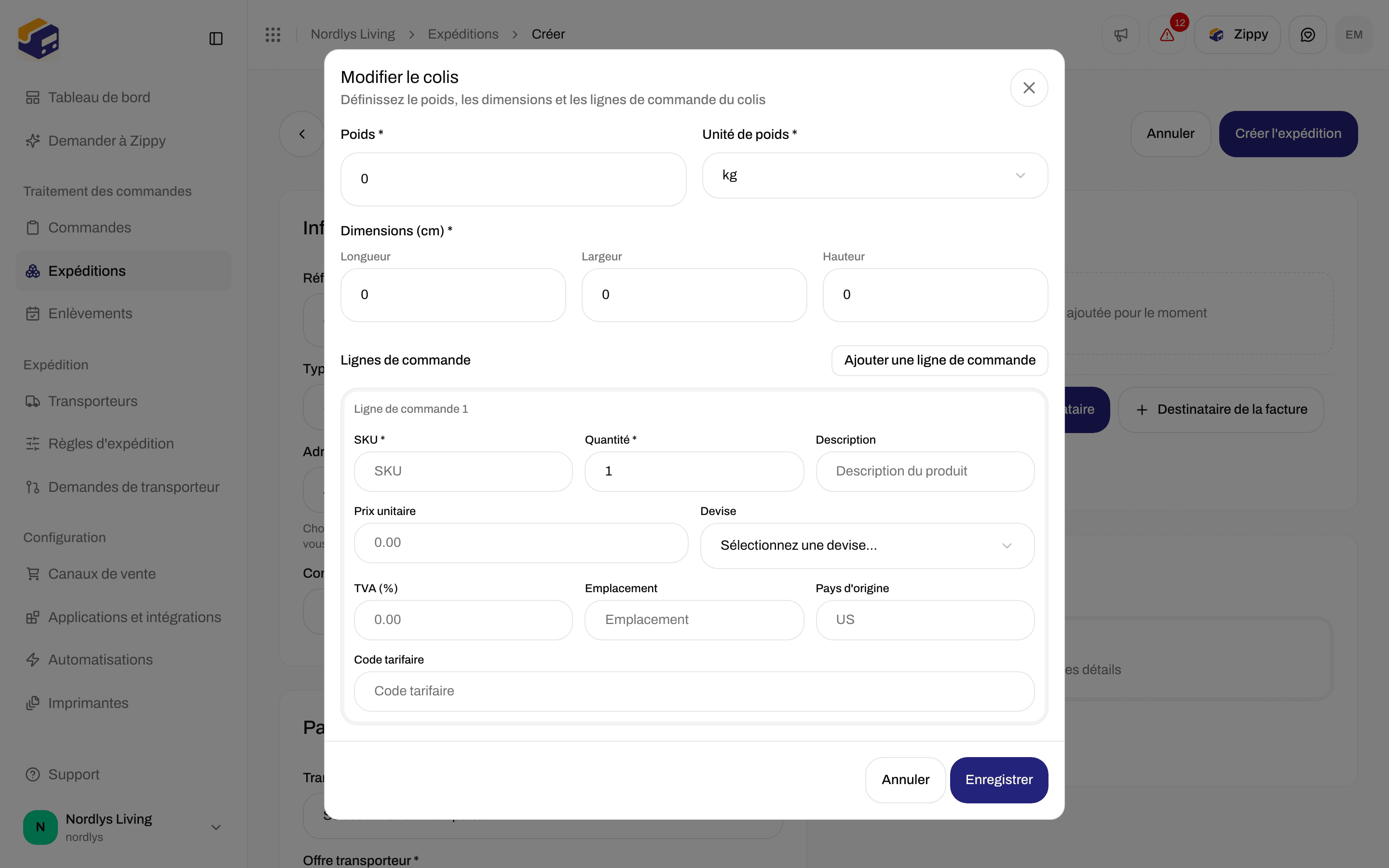 Fenêtre du colis avec poids, dimensions, SKU, quantité, pays d'origine et code tarifaire