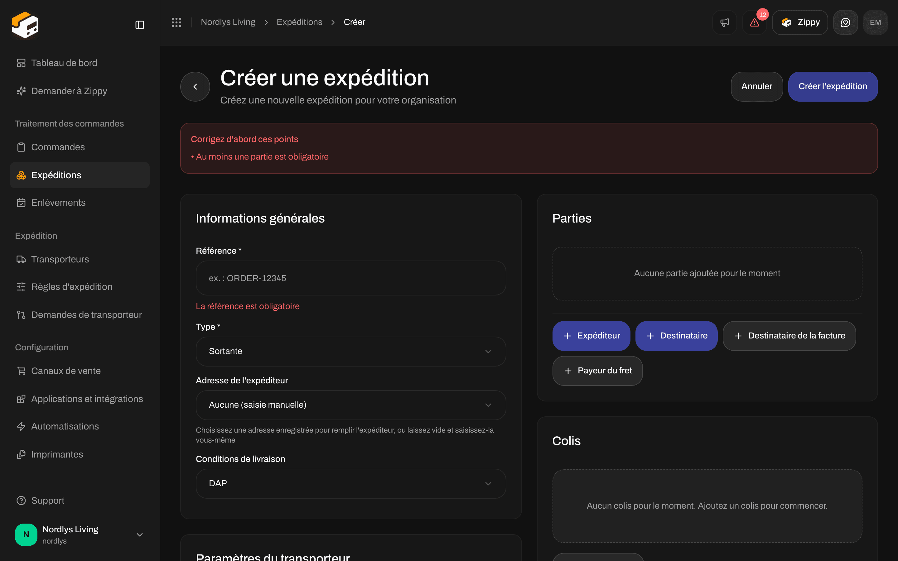Formulaire Créer une expédition affichant La référence est obligatoire et Au moins une partie est obligatoire
