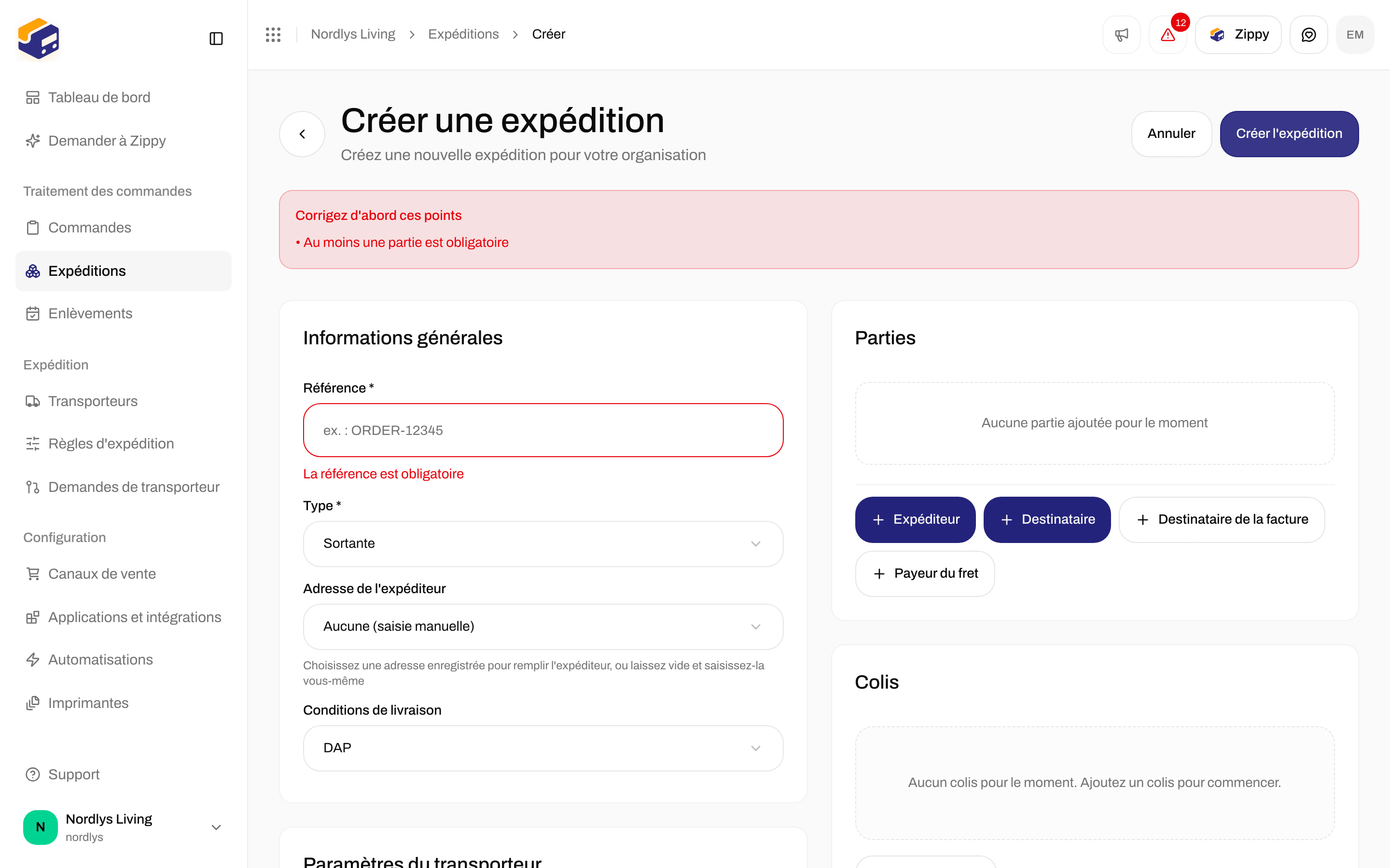 Formulaire Créer une expédition affichant La référence est obligatoire et Au moins une partie est obligatoire