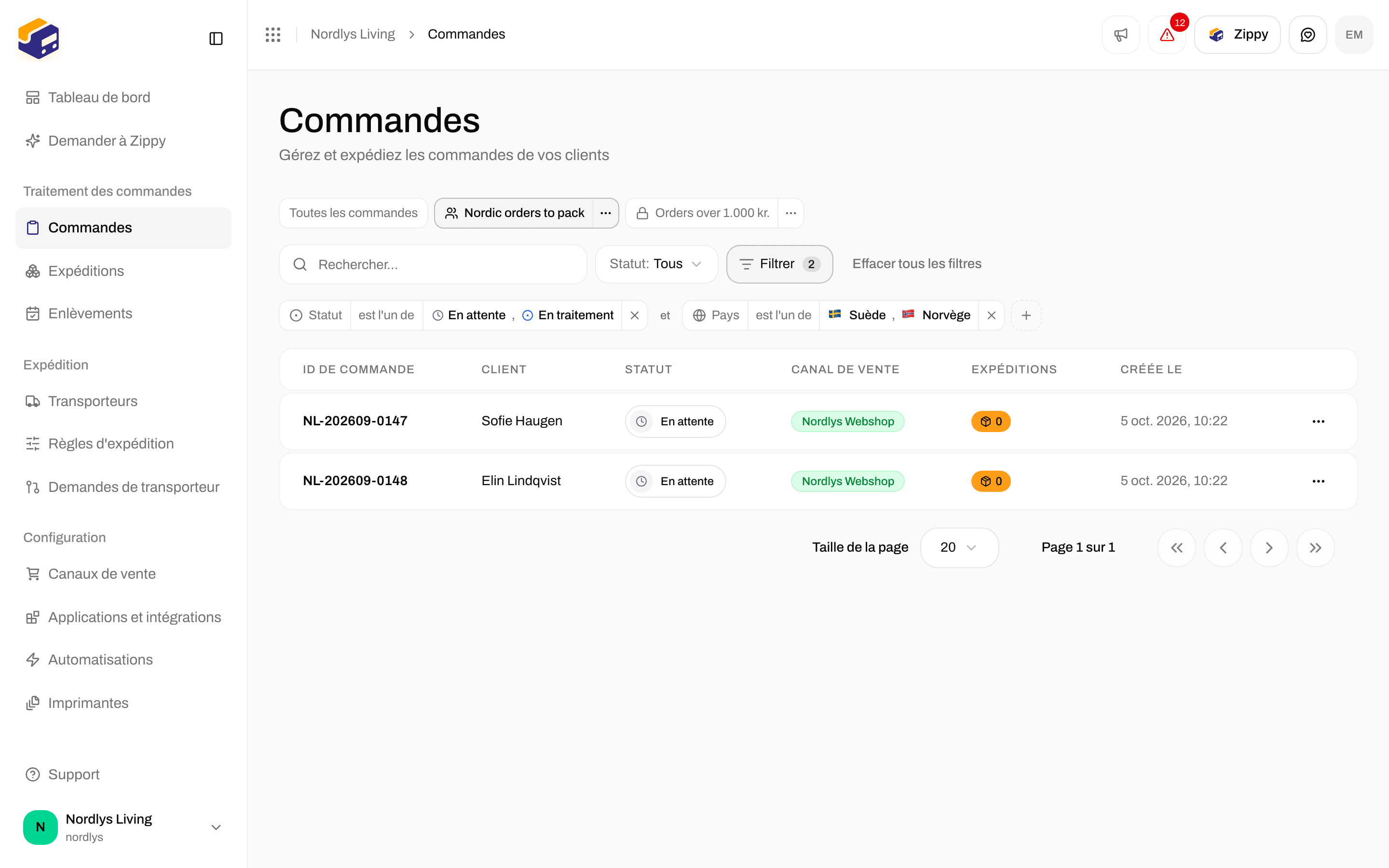 Onglets au-dessus des filtres : All orders, Nordic orders to pack (actif) et une vue personnelle