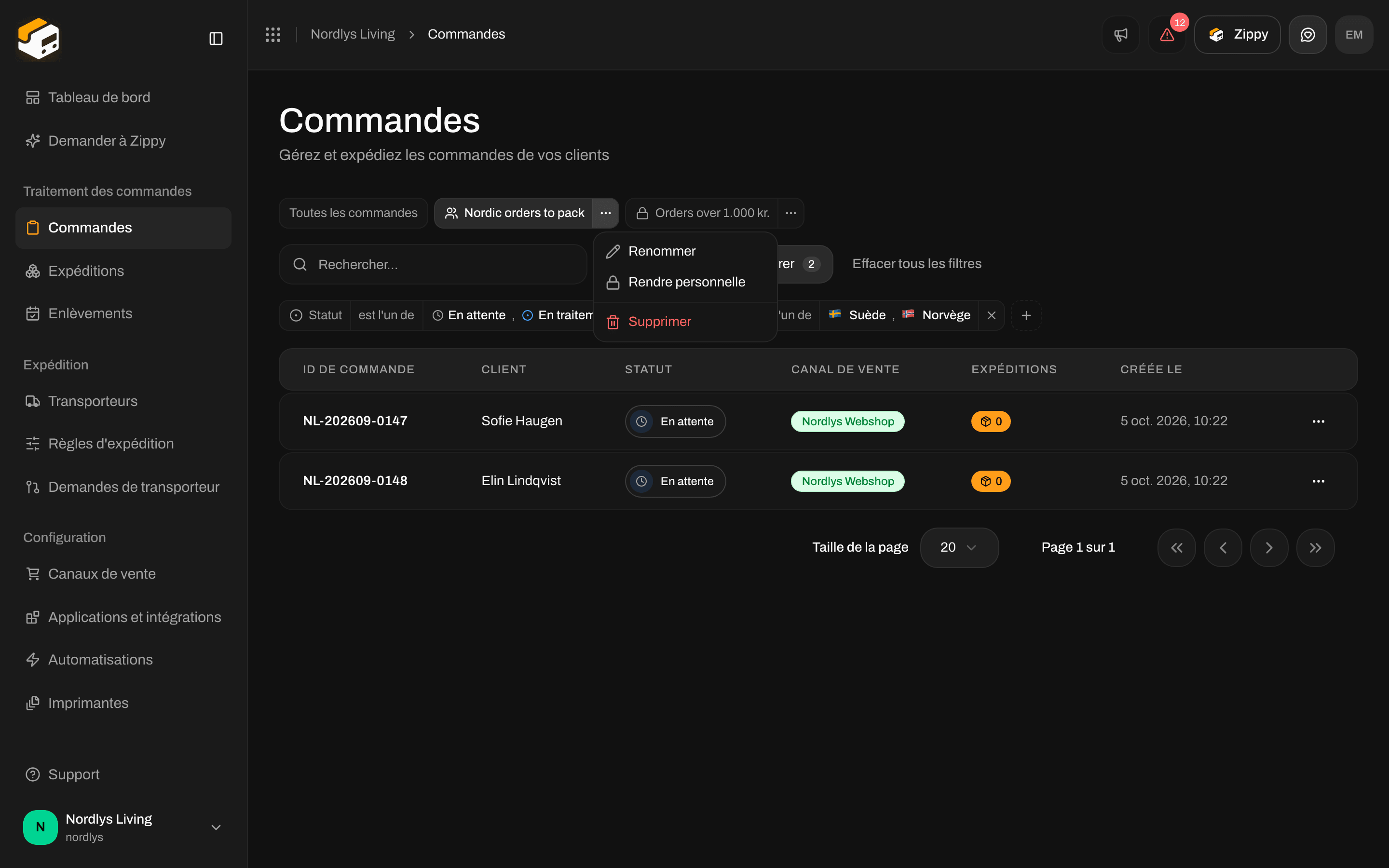 Menu d'un onglet de vue avec Rename, Share with the organization et Delete