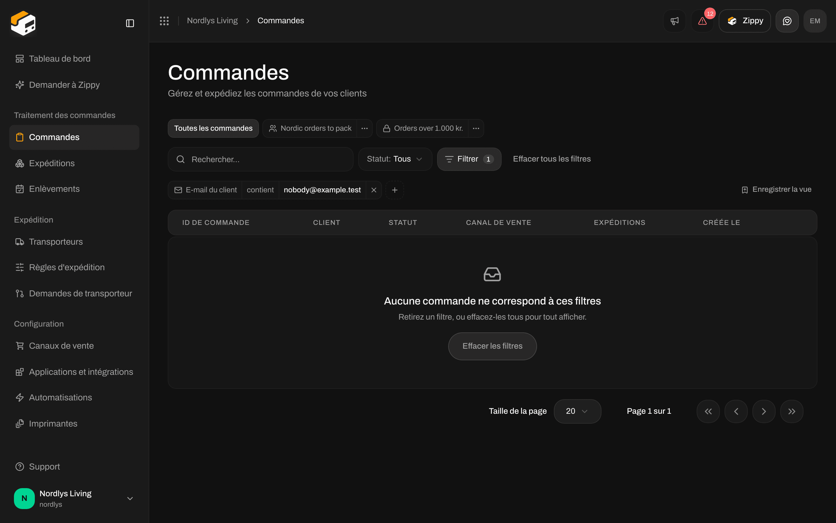 Tableau de commandes vide avec le message No orders match these filters et un bouton Clear filters