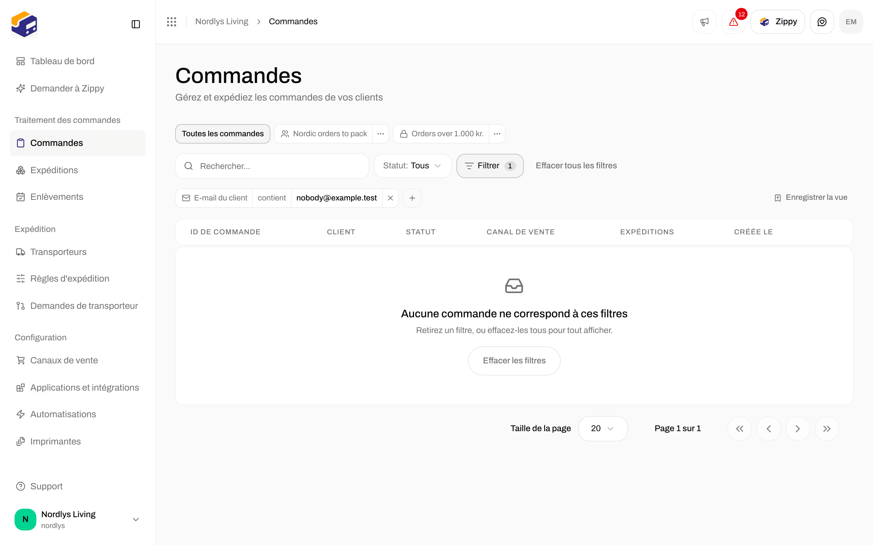 Tableau de commandes vide avec le message No orders match these filters et un bouton Clear filters