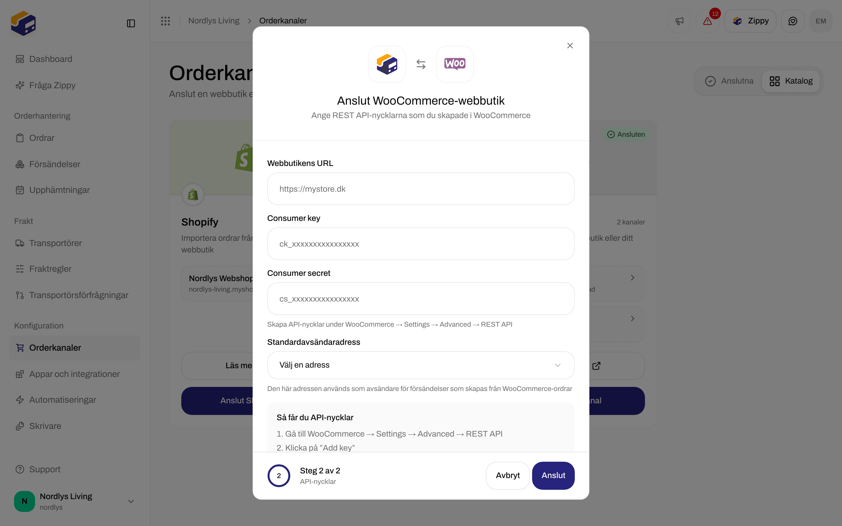 Fönstret Anslut WooCommerce-webbutik på steget API-nycklar med Webbutikens URL, Consumer key, Consumer secret, Standardavsändaradress och Så får du API-nycklar