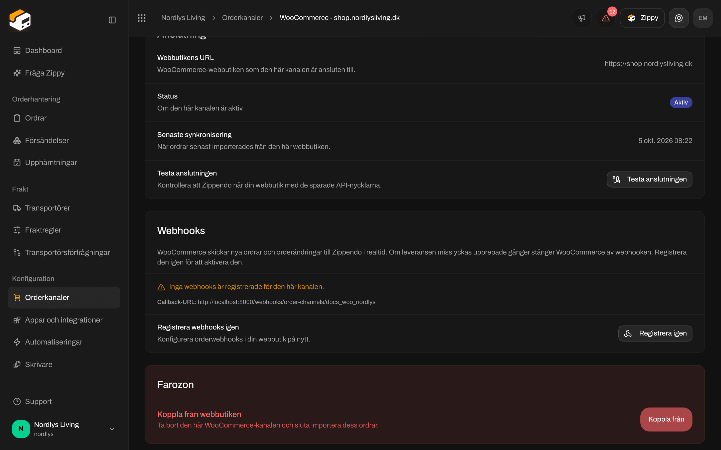 Kortet Webhooks med webhooklistan, callback-URL:en och Registrera igen