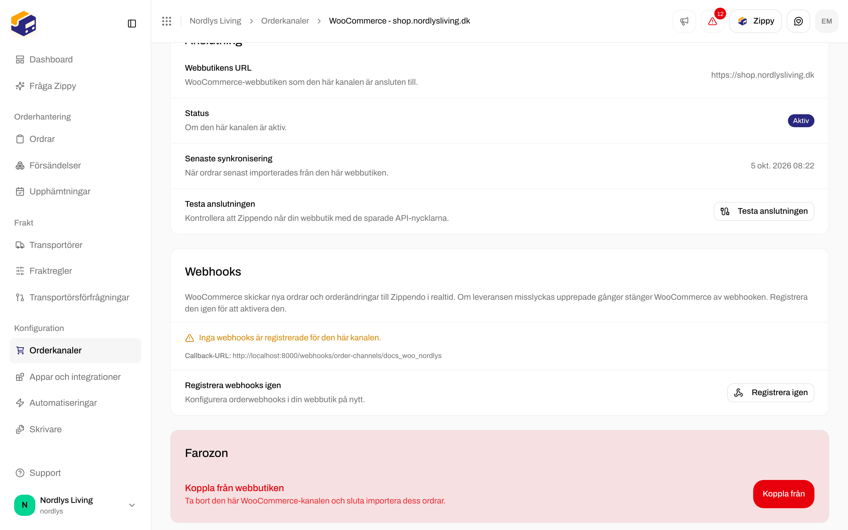 Kortet Webhooks med webhooklistan, callback-URL:en och Registrera igen