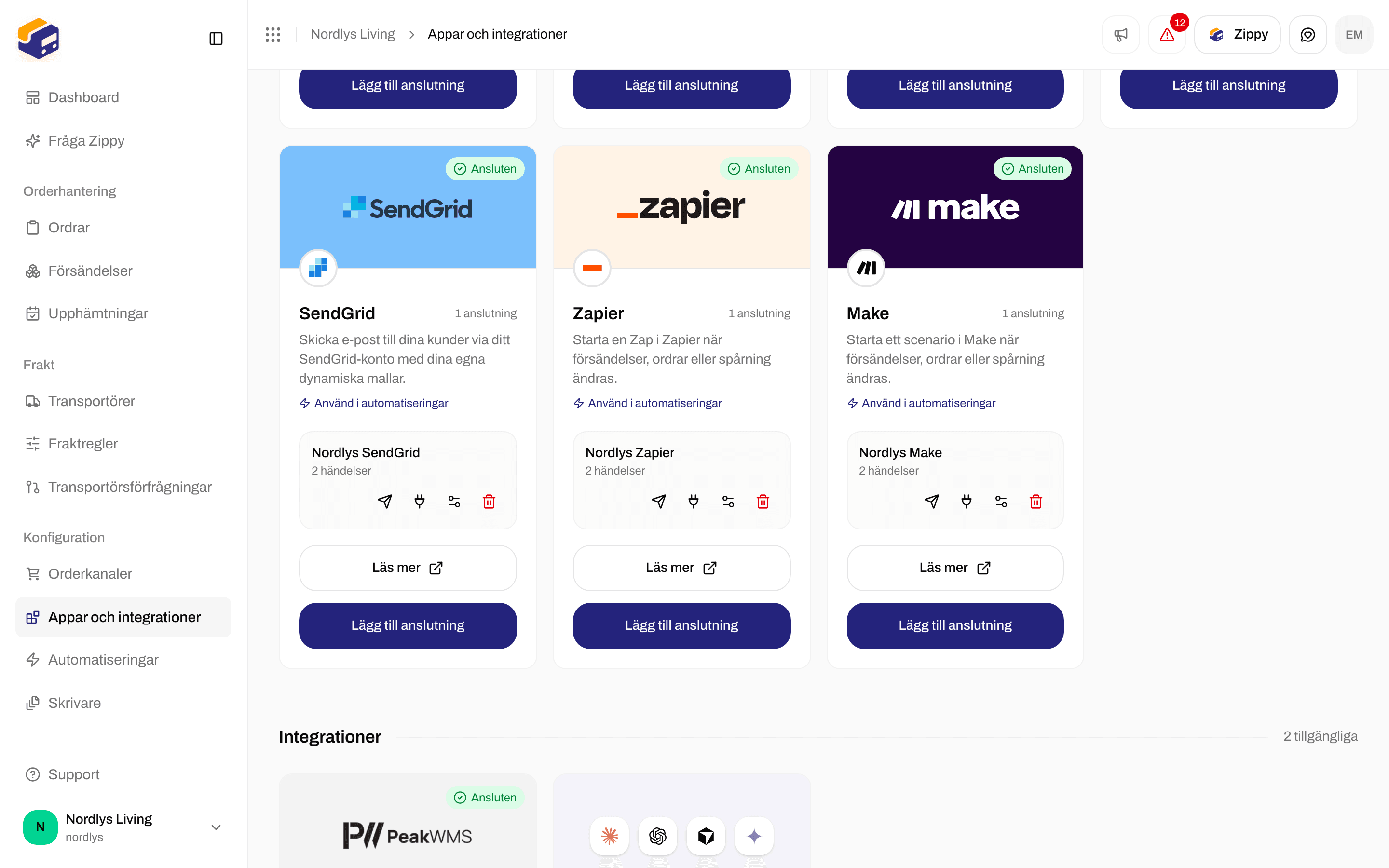 Katalogen med Zapier-kortet och knapparna Använd i automatiseringar, Läs mer och Anslut