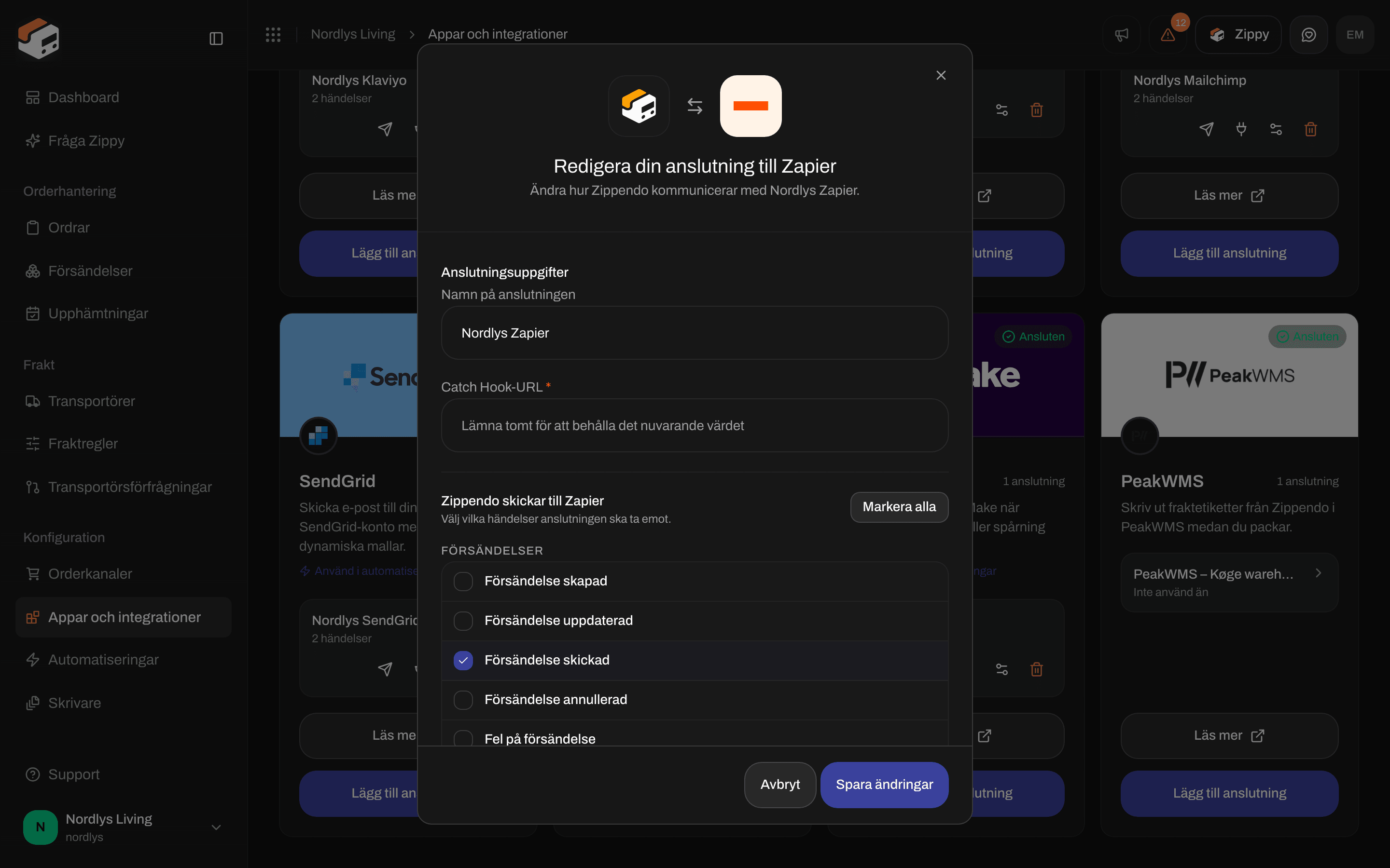 Redigeringsfönster för en Zapier-anslutning med anslutningsnamnet, ett tomt Catch Hook-fält och händelserna