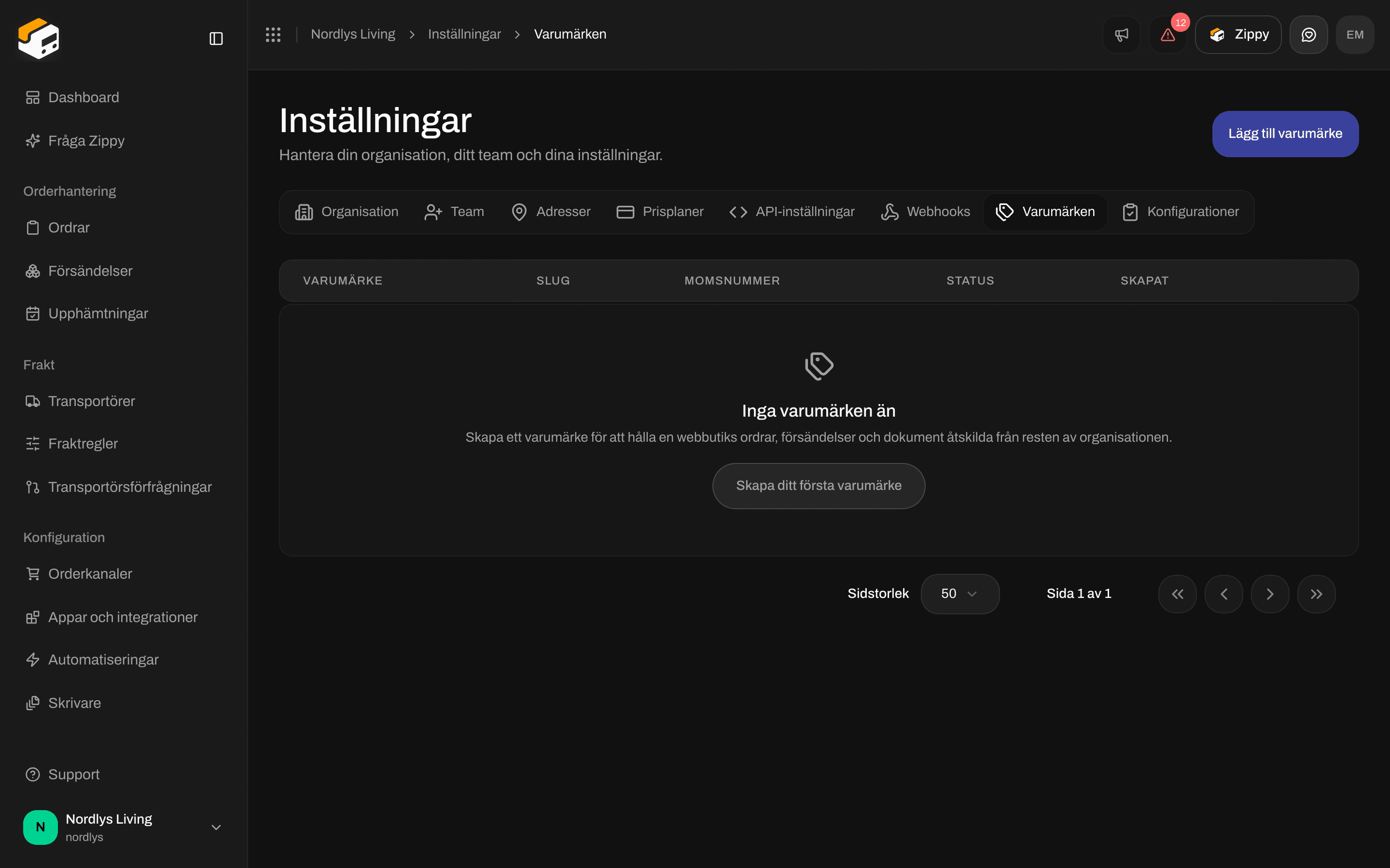 Fliken Varumärken i tomt läge med Inga varumärken än och Skapa ditt första varumärke