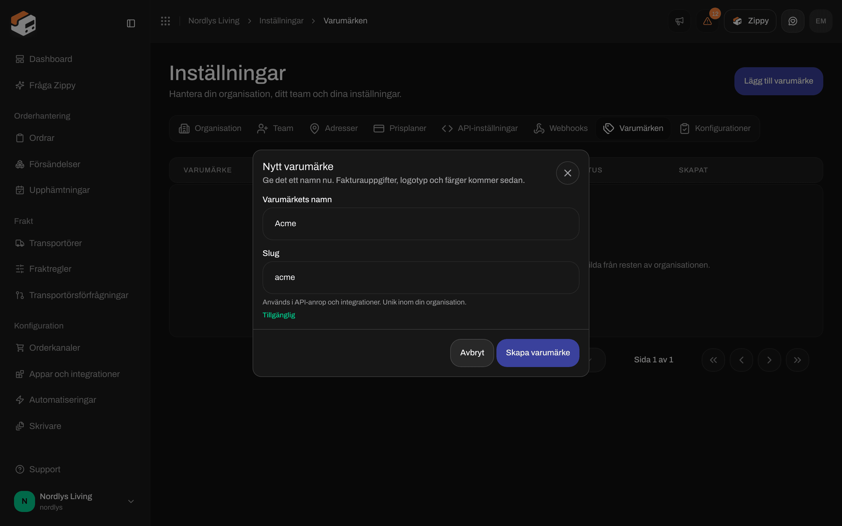 Fönstret Nytt varumärke med fälten Varumärkets namn och Slug