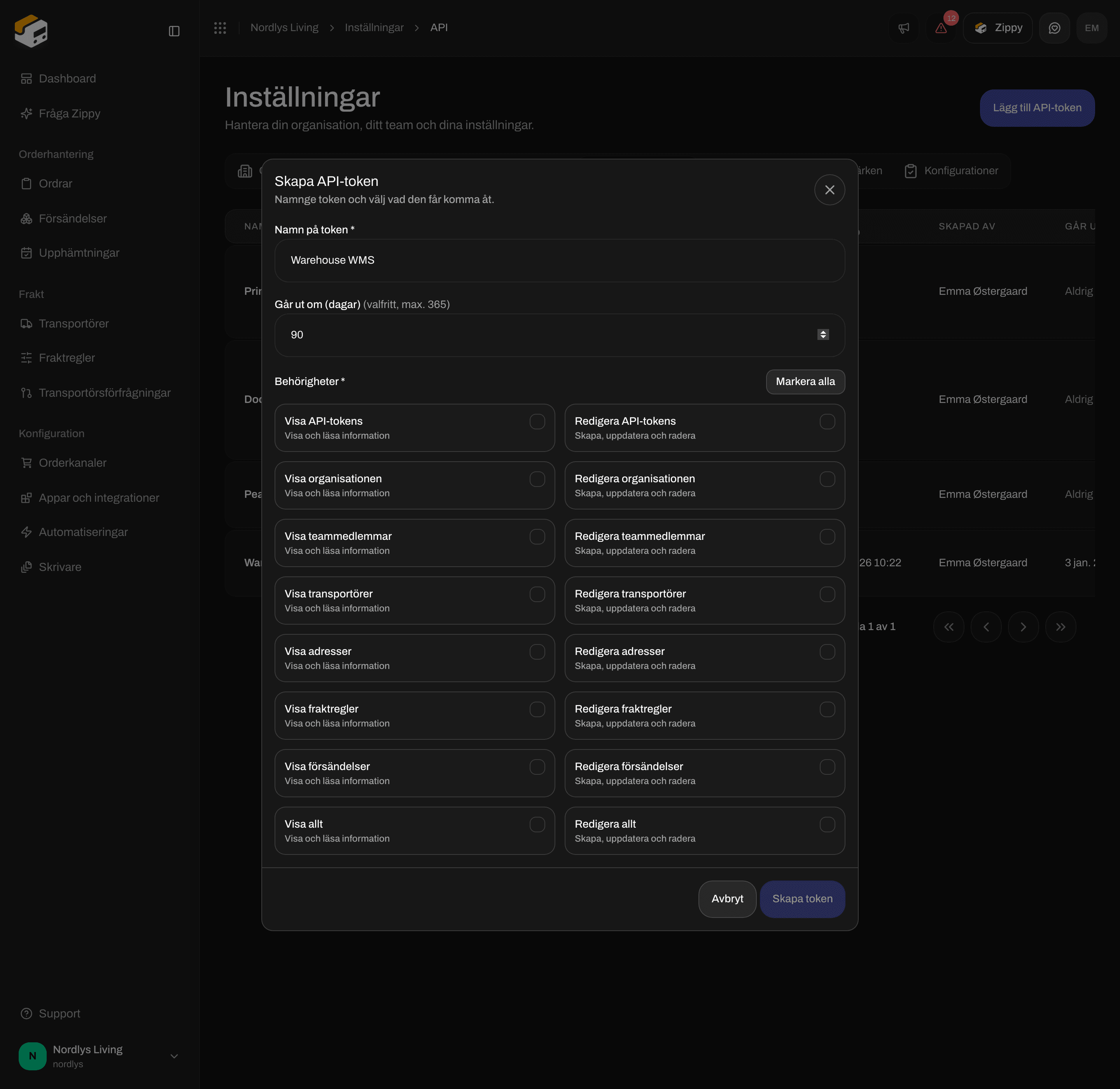 Fönstret Skapa API-token med Namn på token, Går ut om (dagar) och kryssrutor för behörigheter