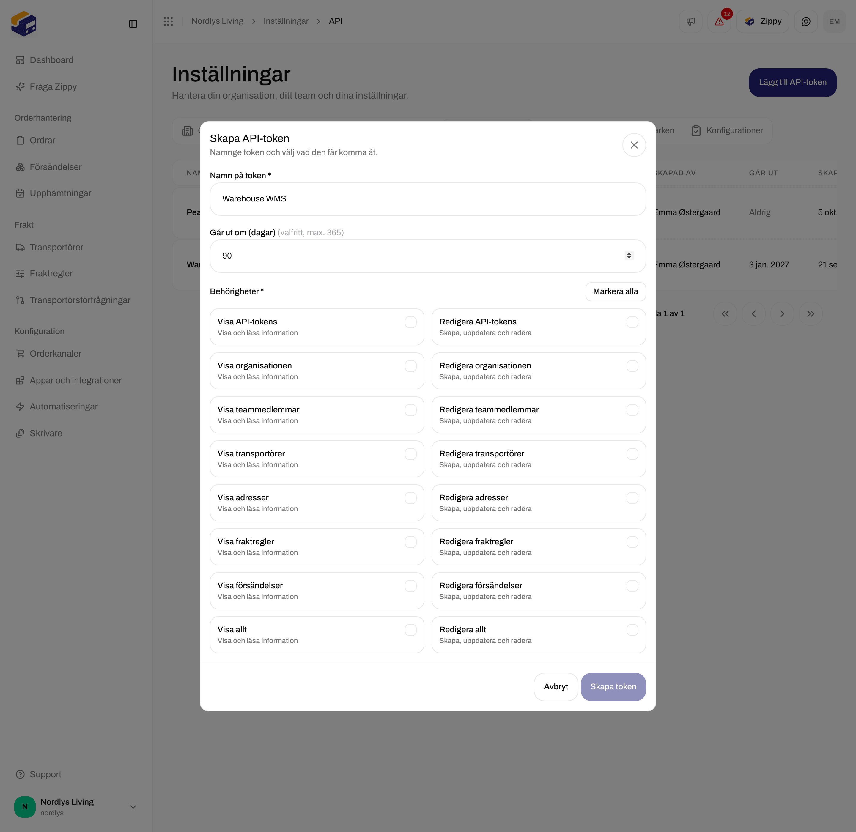 Fönstret Skapa API-token med Namn på token, Går ut om (dagar) och kryssrutor för behörigheter