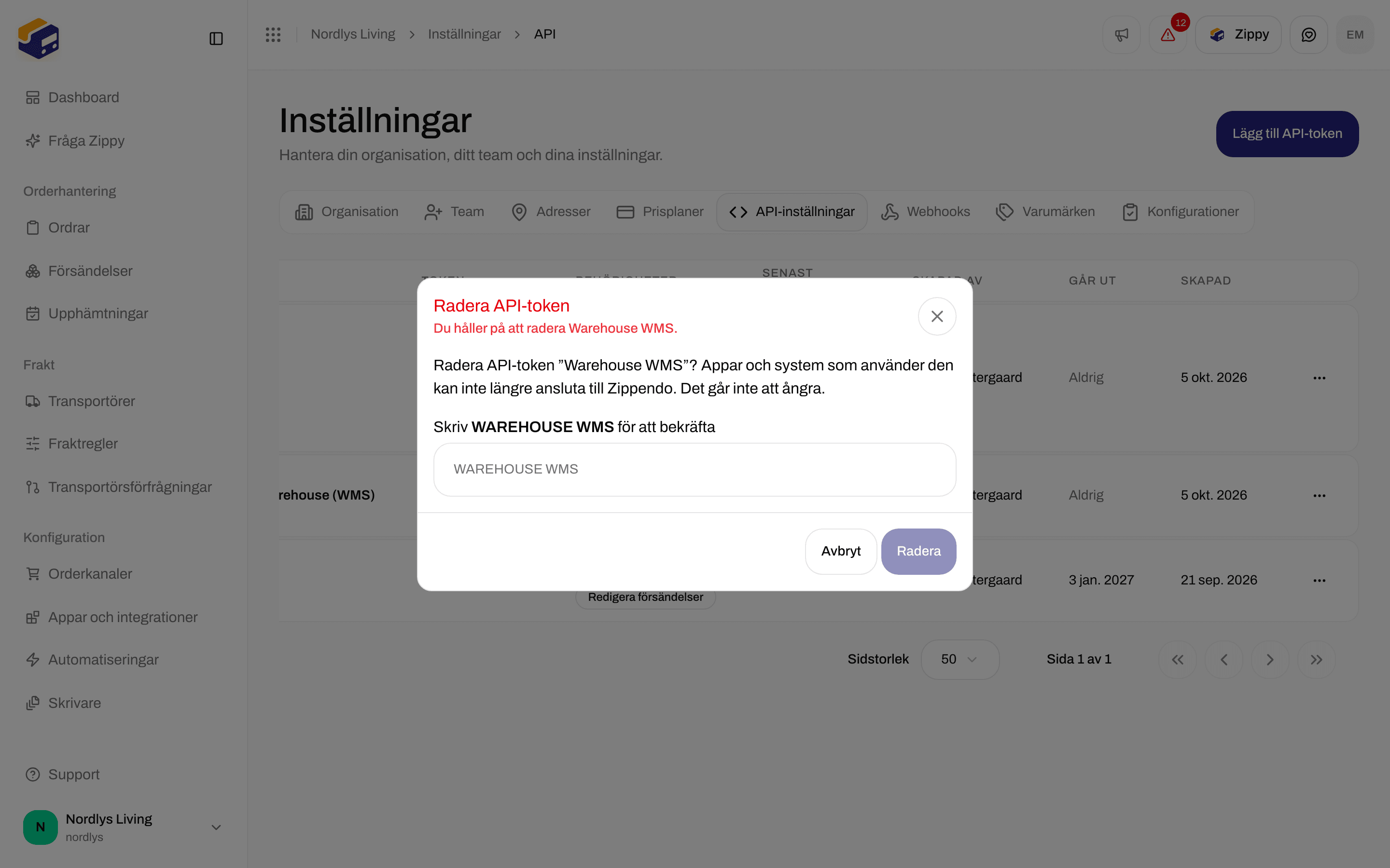 Fönstret Radera API-token med ett fält där du skriver namnet för att bekräfta