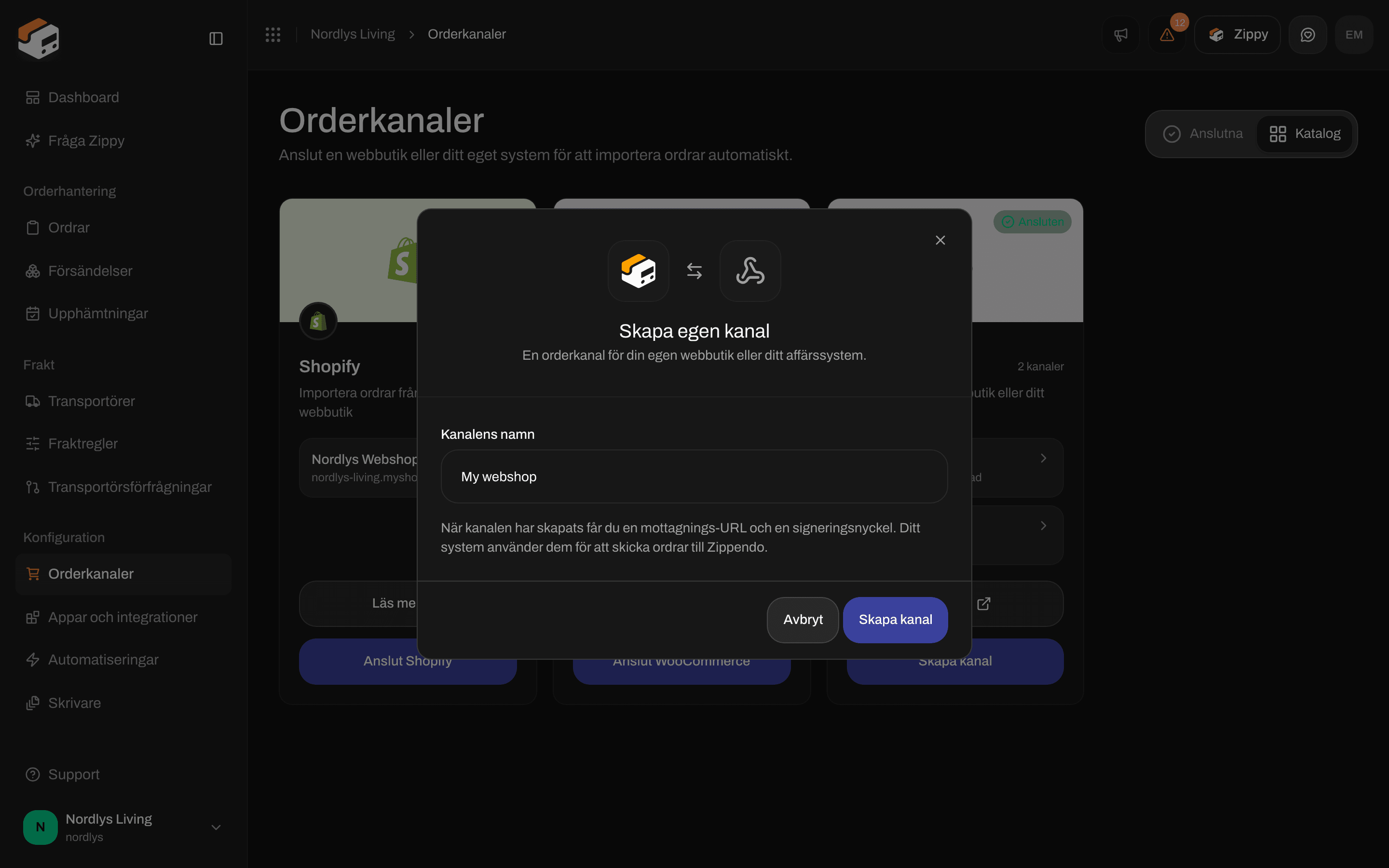 Fönstret Skapa egen kanal med Kanalens namn ifyllt som My webshop, Skapa kanal och Avbryt