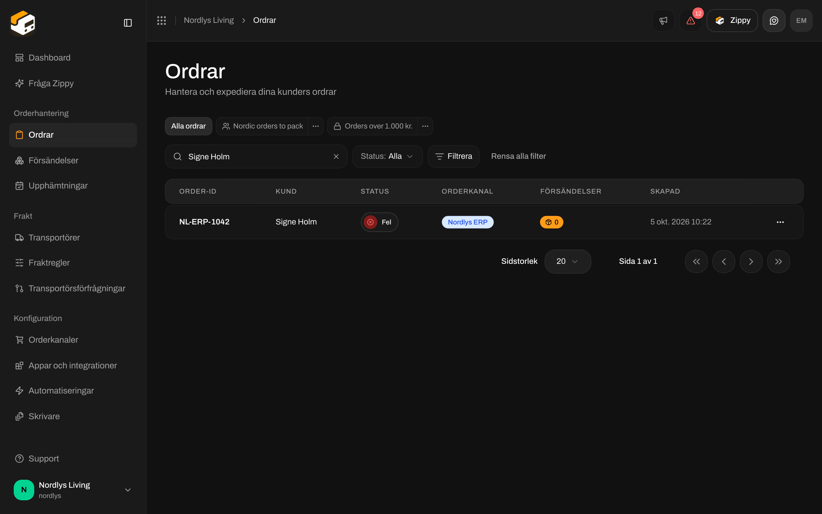 Orderlistan med en order som kom in via en egen kanal