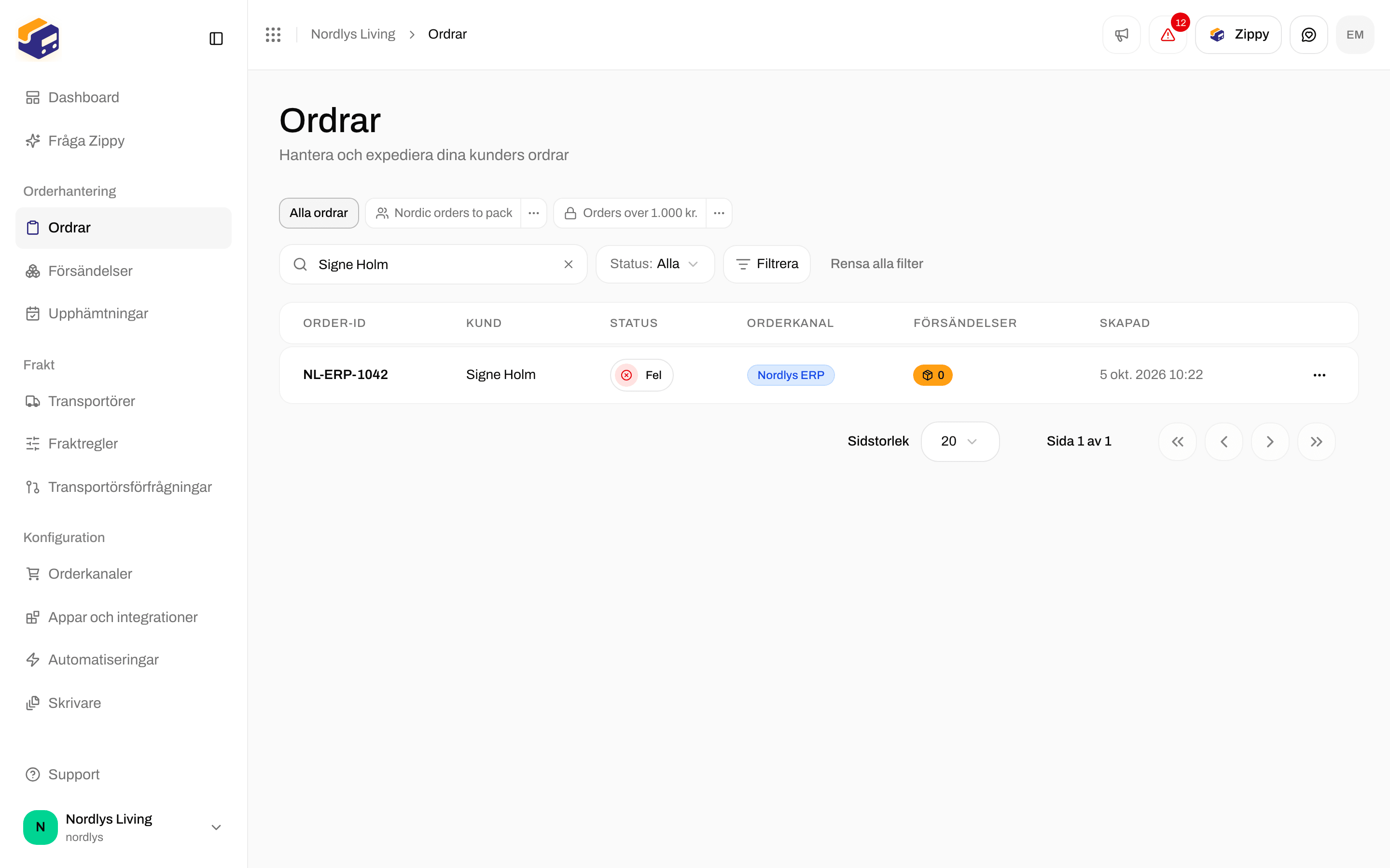 Orderlistan med en order som kom in via en egen kanal