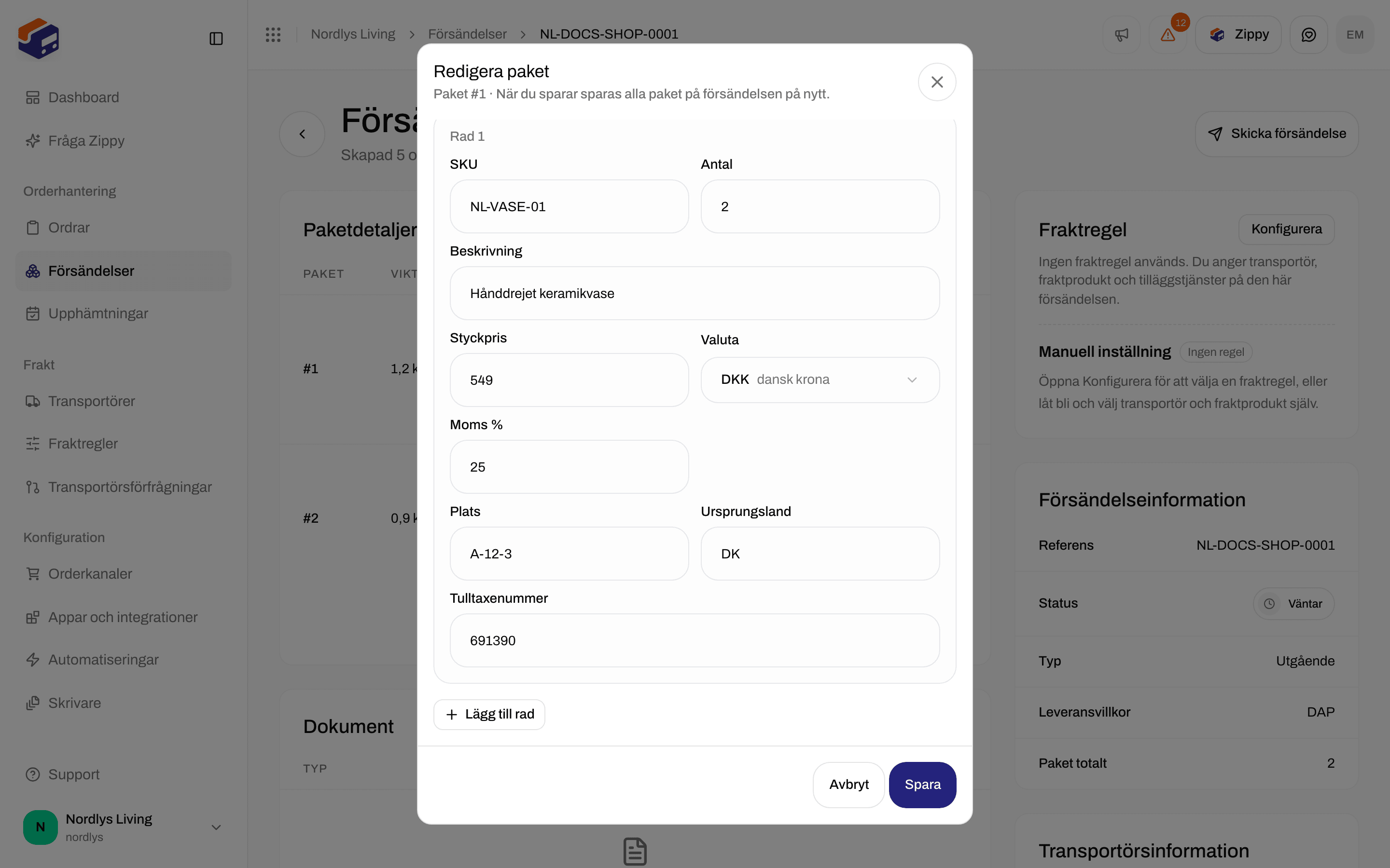 Fönstret Redigera paket med vikt, ursprungsland och tulltaxenummer