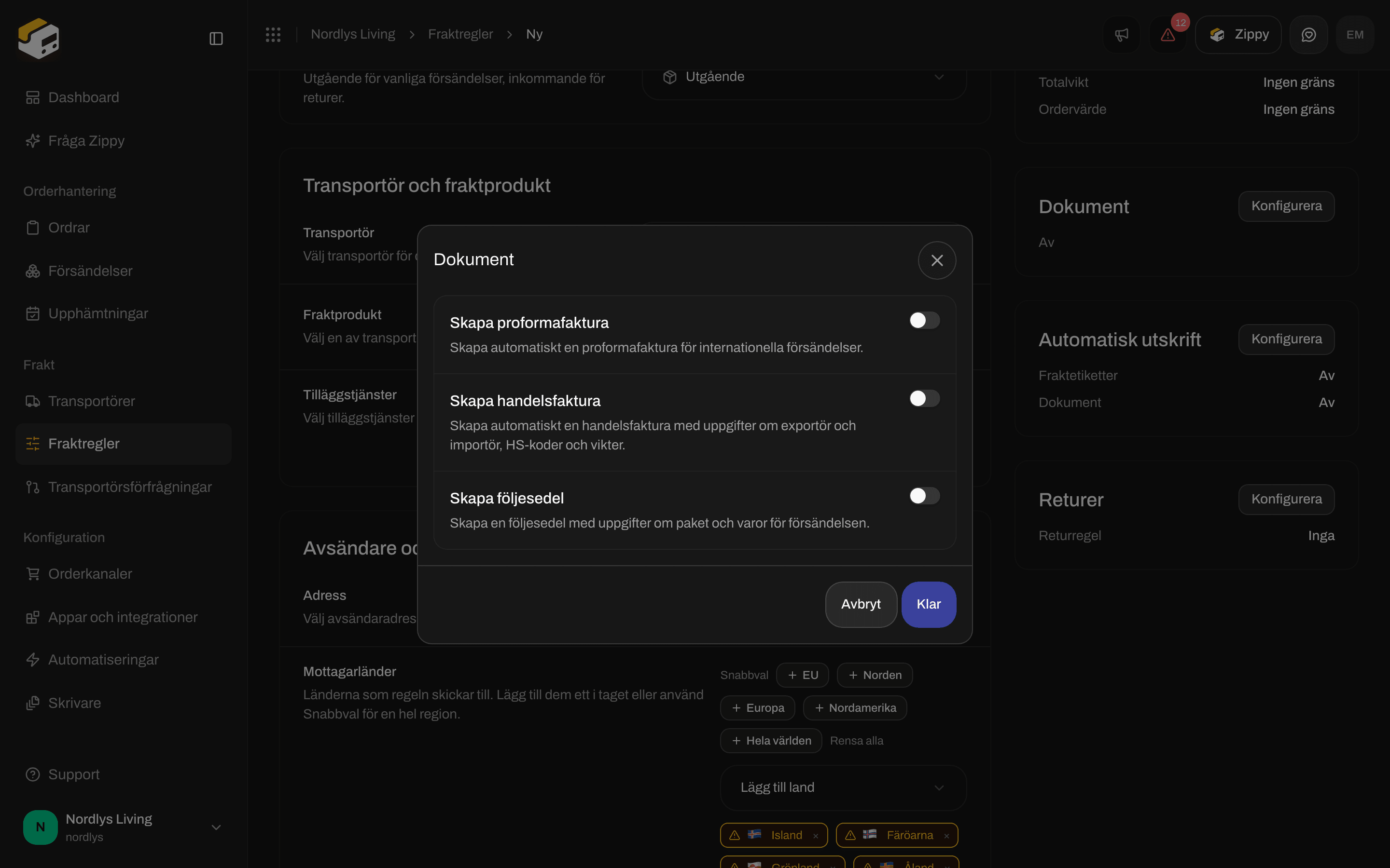 Formuläret för fraktregeln med reglagen för fakturor och följesedel under Dokument