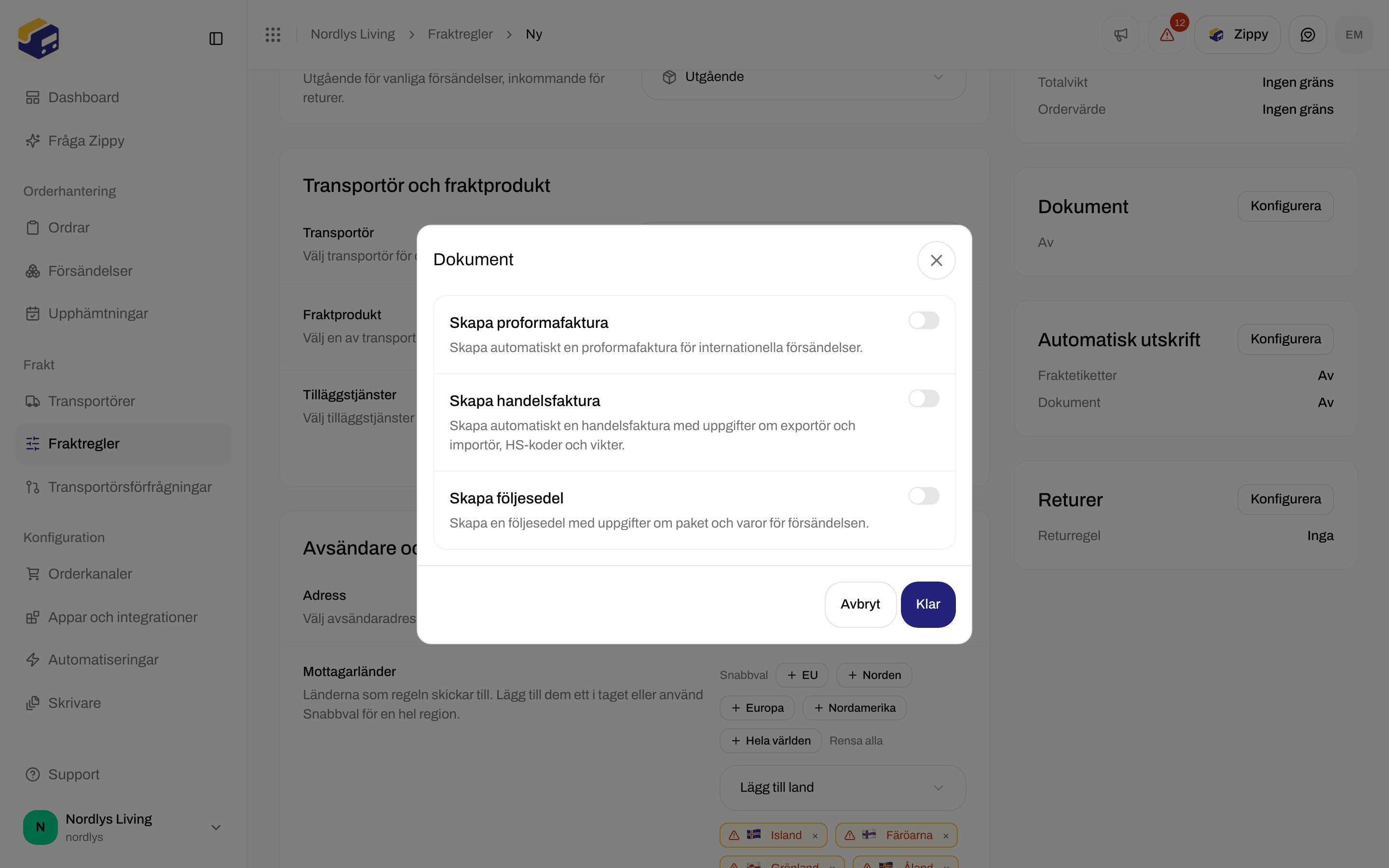 Formuläret för fraktregeln med reglagen för fakturor och följesedel under Dokument