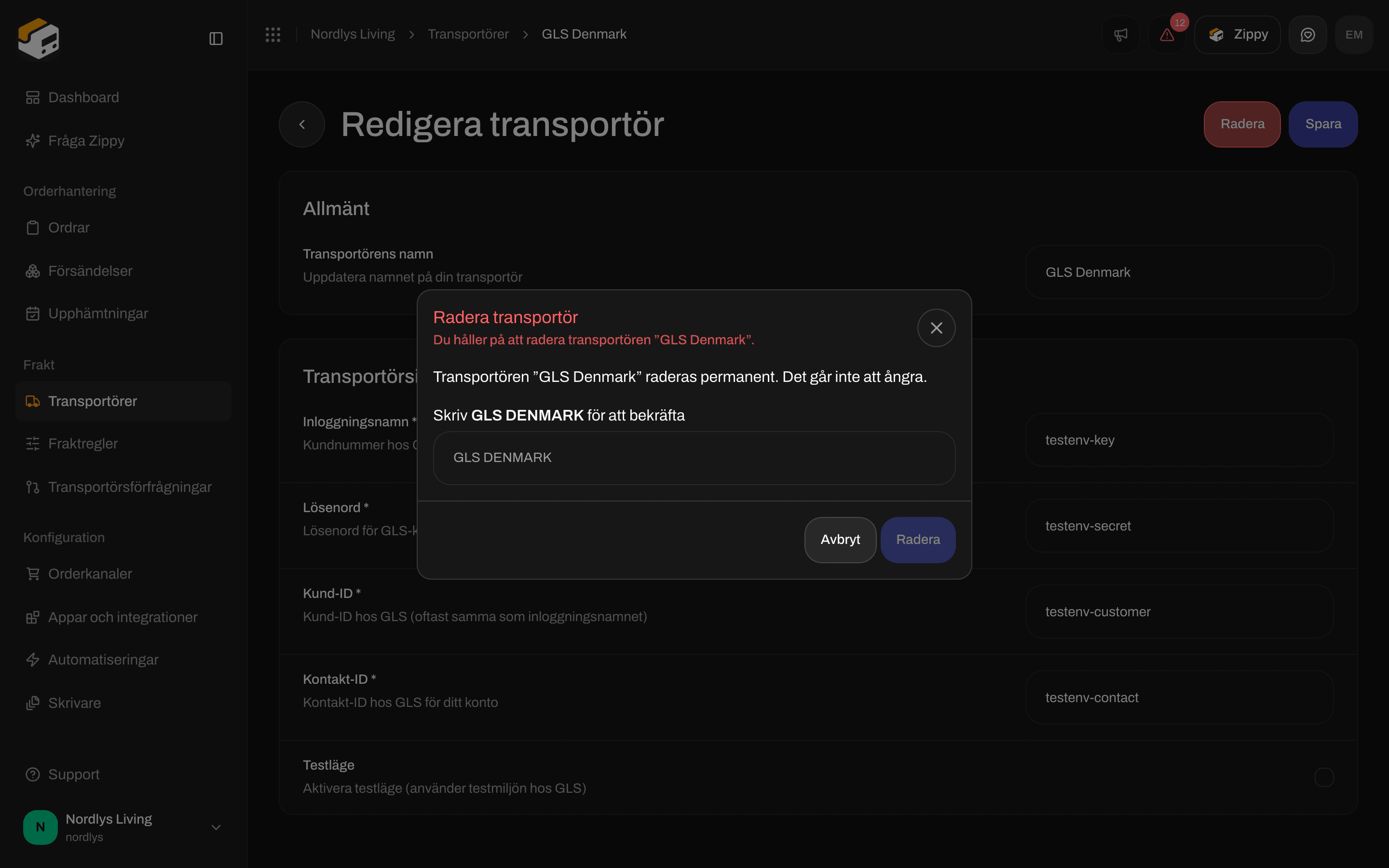 Fönstret Radera transportör som ber dig skriva transportörens namn med versaler