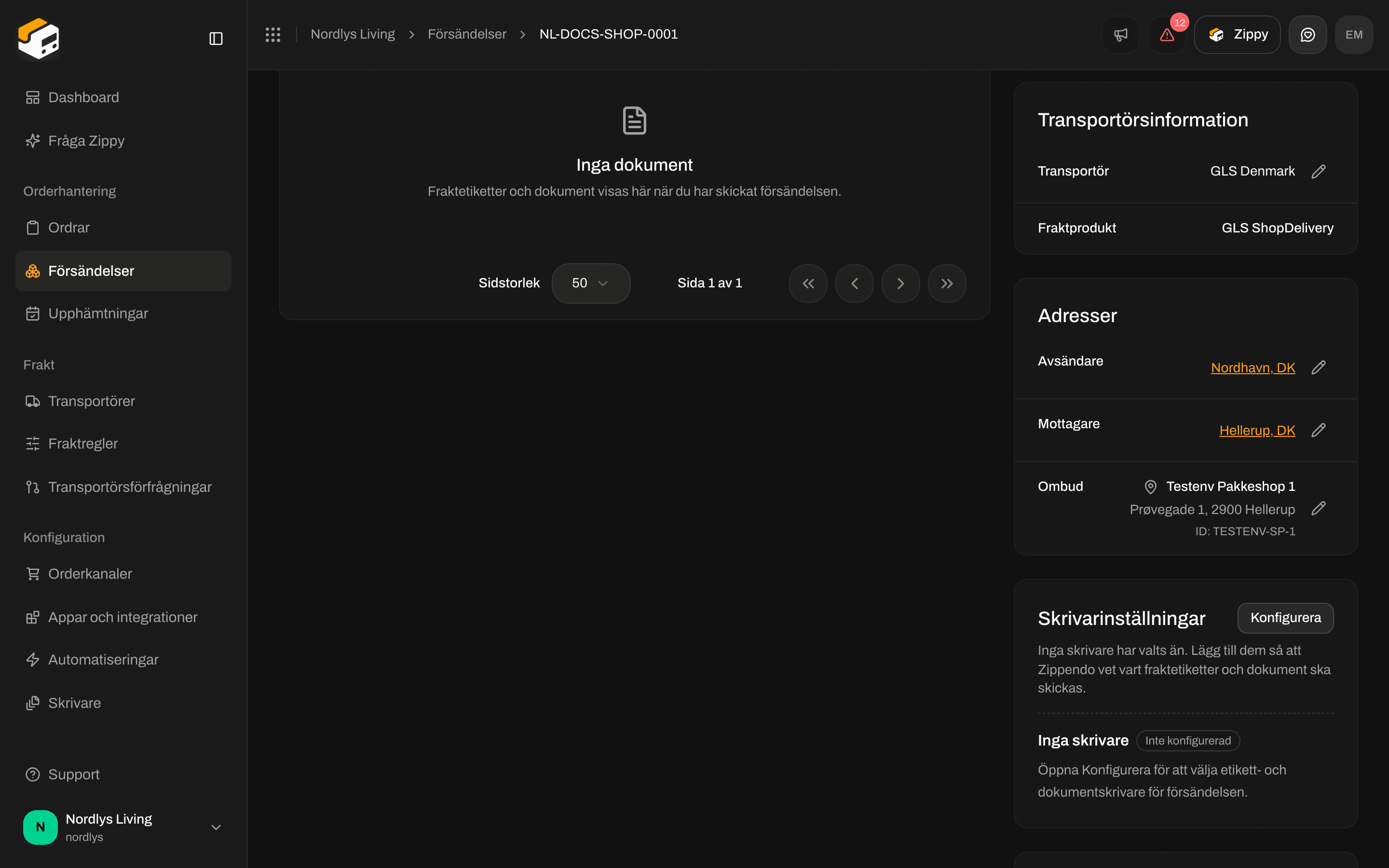 Avsnittet Adresser med Avsändare, Mottagare och Ombud med namn, adress och ID