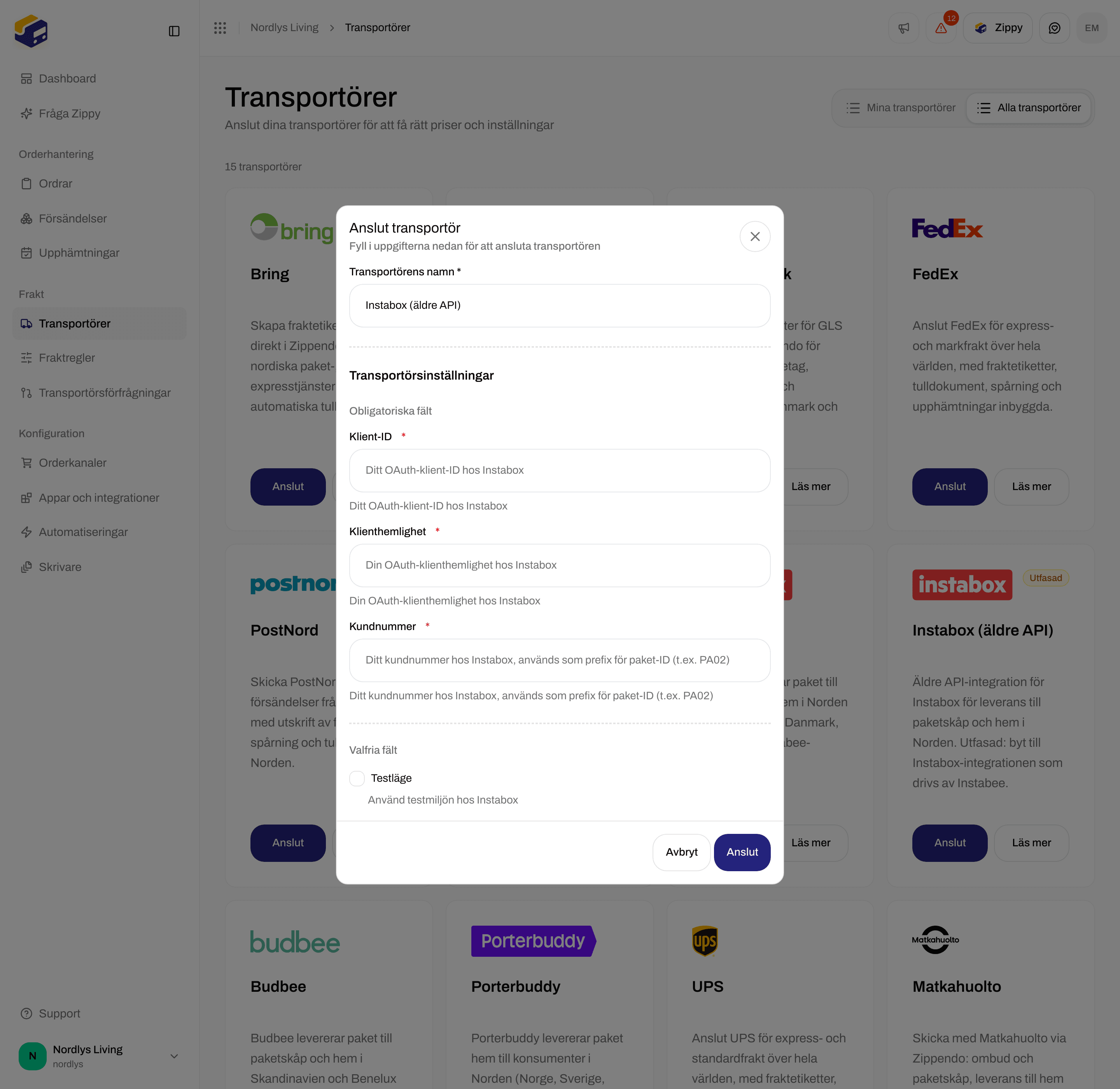 Formuläret för Instabox Legacy API rullat till Valfria fält med kryssrutan Testläge