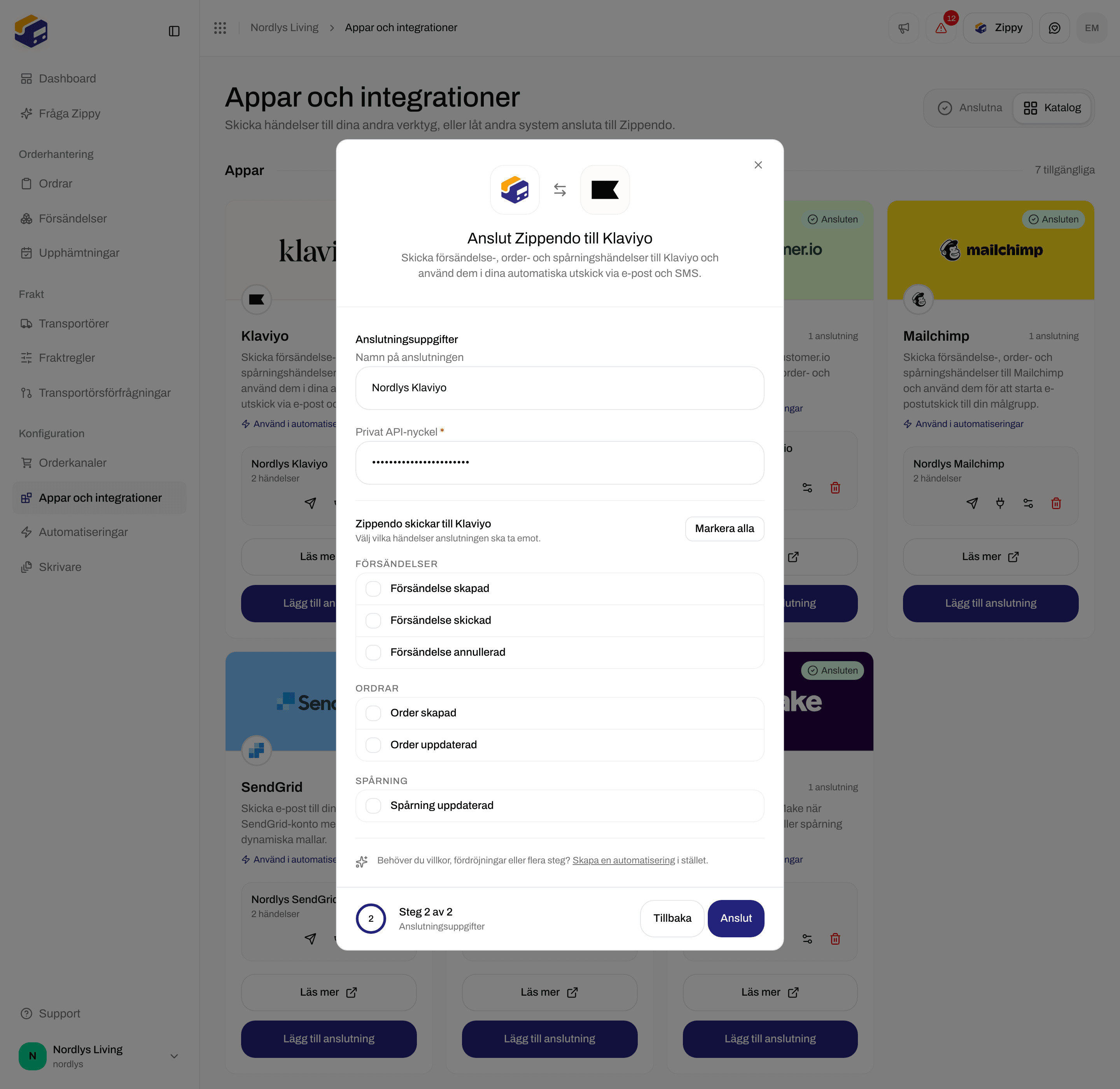 Anslutningsfönster för Klaviyo med ett anslutningsnamn, fältet Privat API-nyckel och kryssrutor för händelser
