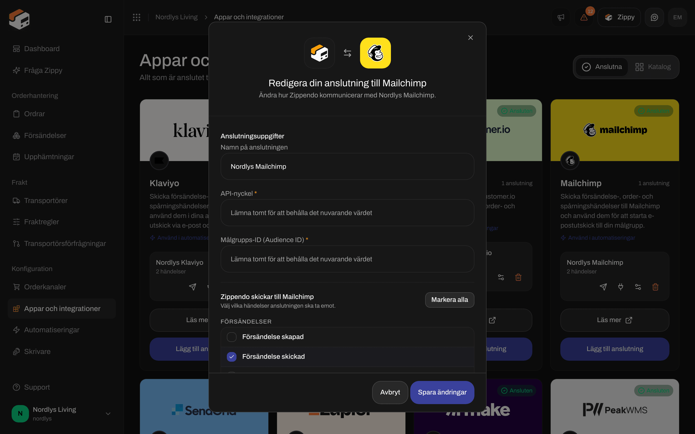 Redigeringsfönstret för en Mailchimp-anslutning med anslutningsnamnet, tomma fält för API-nyckel och Audience ID samt händelserna