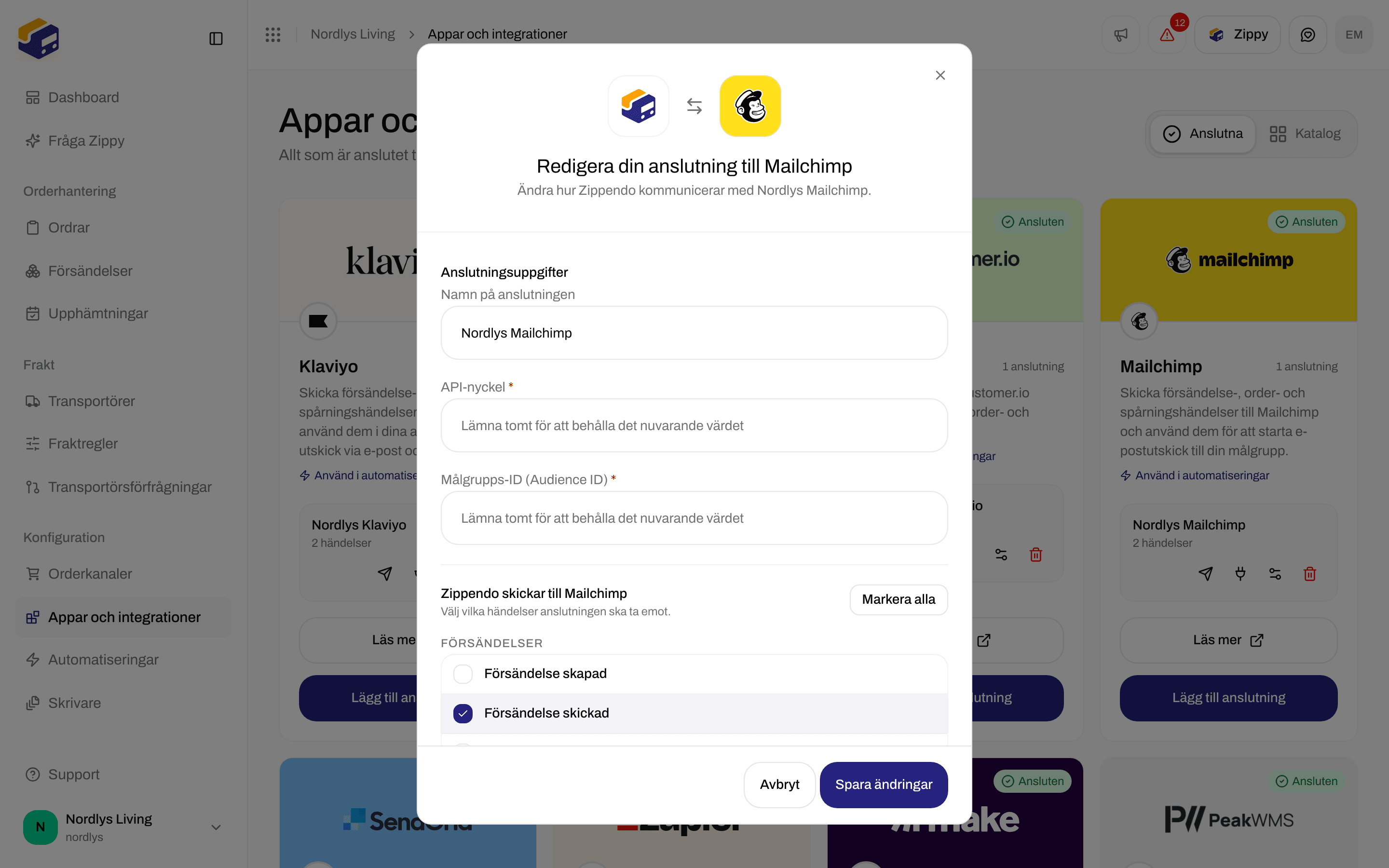 Redigeringsfönstret för en Mailchimp-anslutning med anslutningsnamnet, tomma fält för API-nyckel och Audience ID samt händelserna