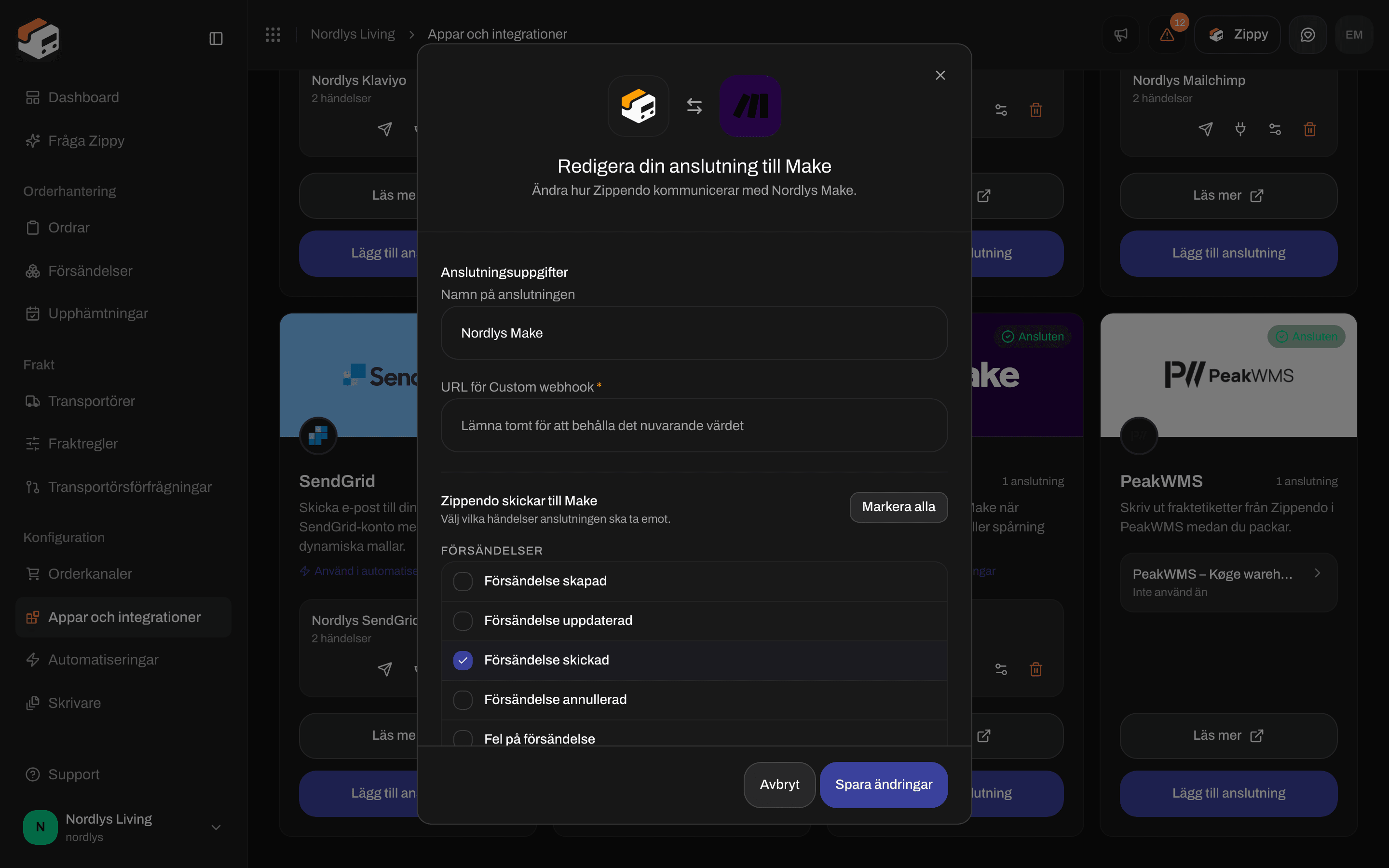 Redigeringsfönster för en anslutning till Make med namn på anslutningen, ett tomt webhook-fält och händelserna