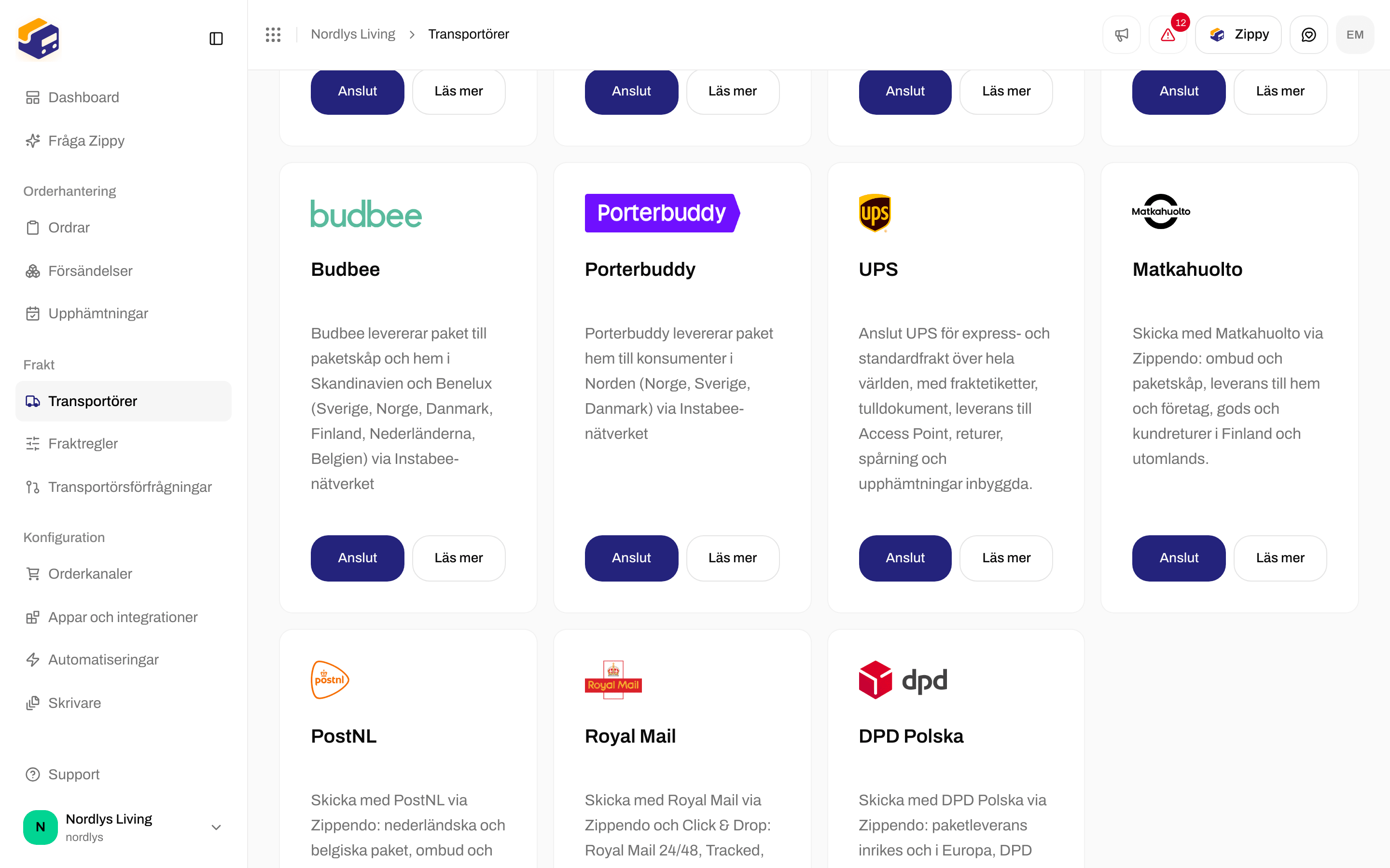 Fliken Alla transportörer med Porterbuddy-kortet och dess knappar Anslut och Läs mer