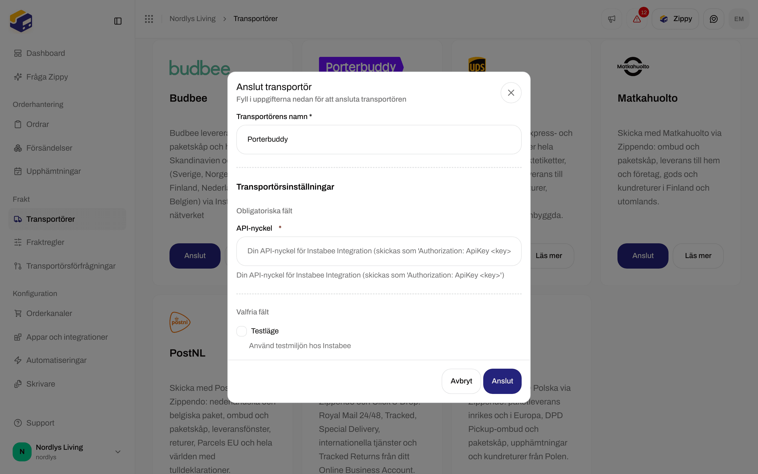 Fönstret Anslut transportör för Porterbuddy med fältet API-nyckel och kryssrutan Testläge