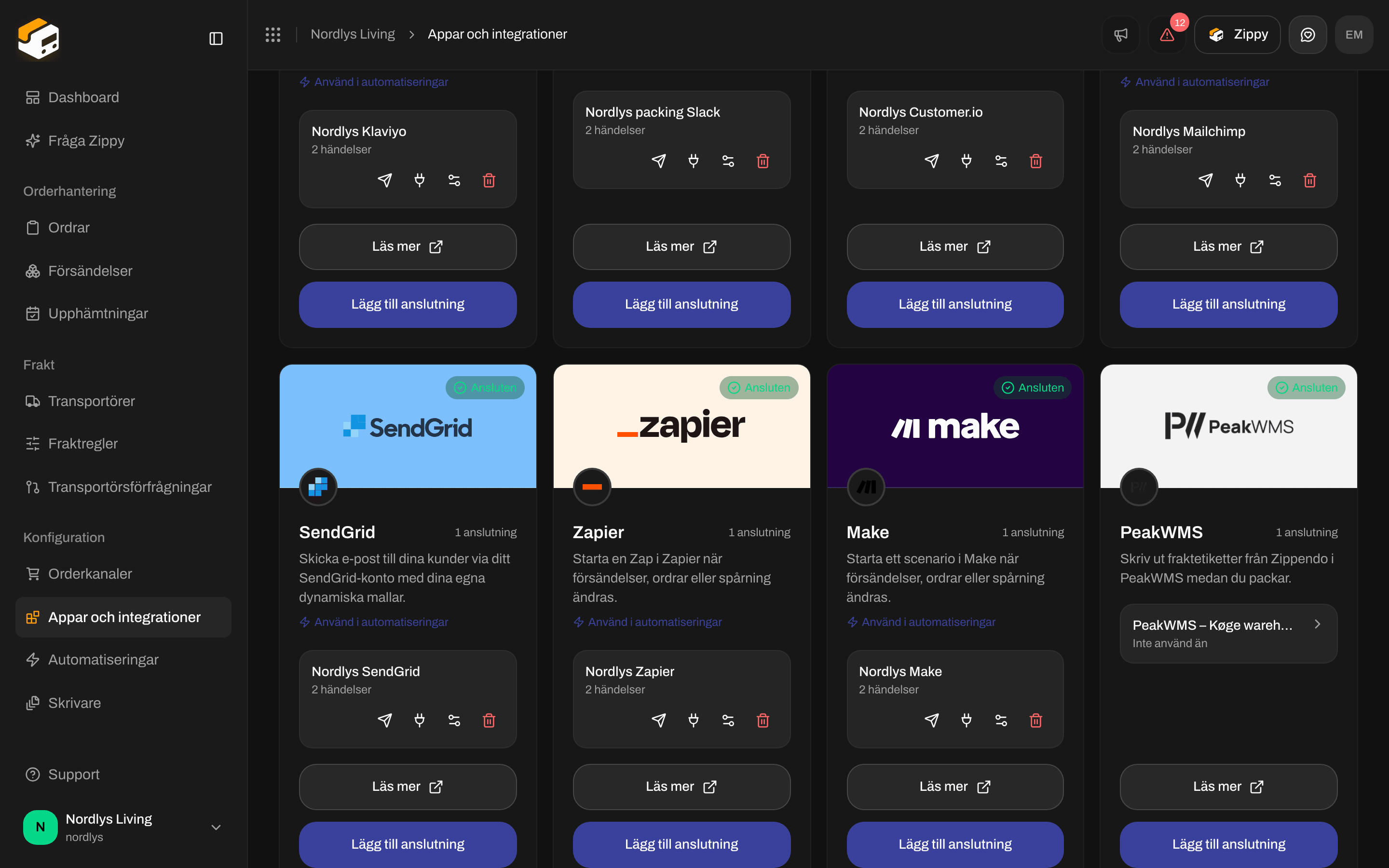 Fliken Ansluten med en SendGrid-anslutning och ikonerna för test, leveranslogg, redigera och radera