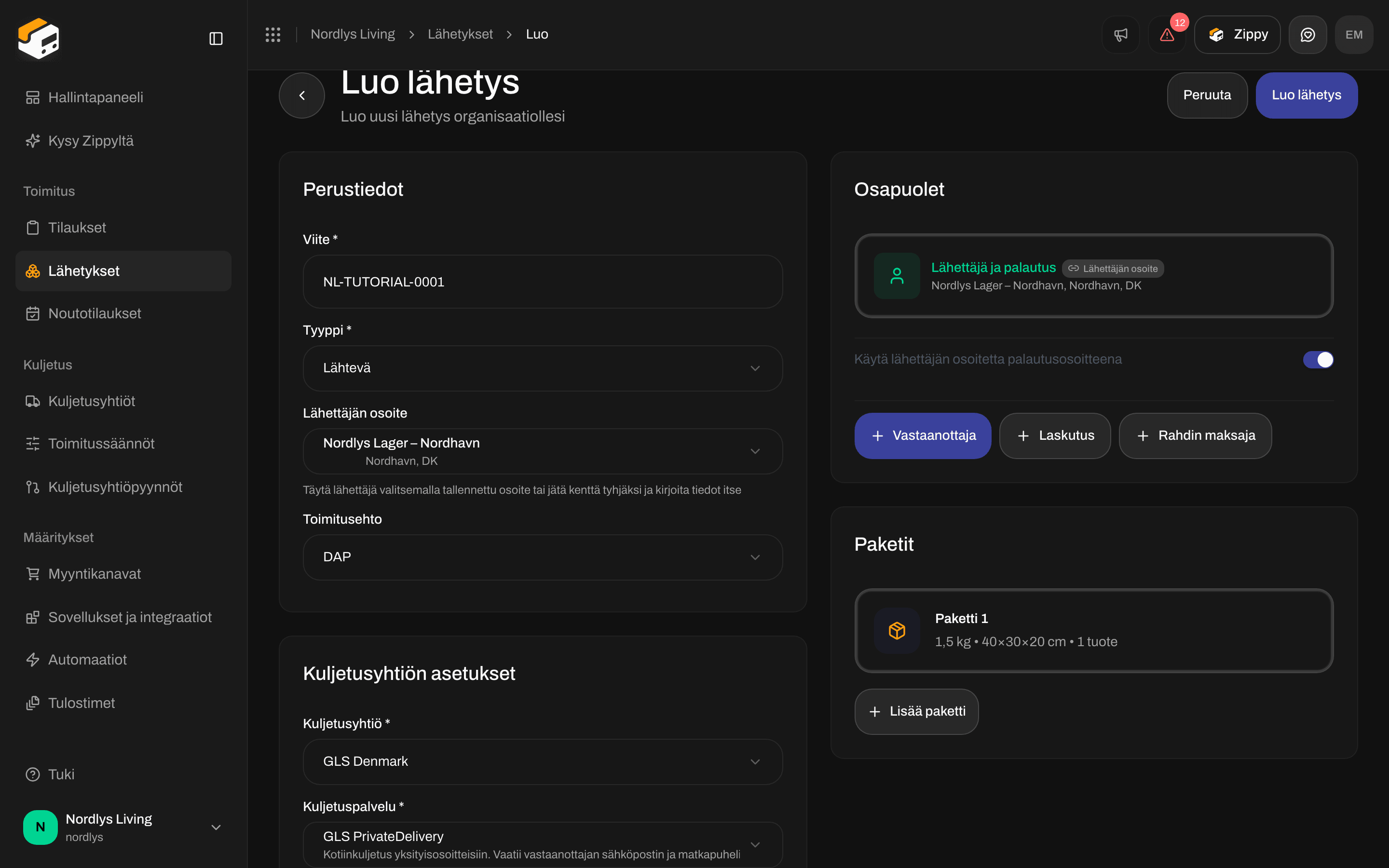 Luo lähetys -lomake täytettynä viitteellä, lähettäjän osoitteella, GLS PrivateDeliverylla ja yhdellä paketilla