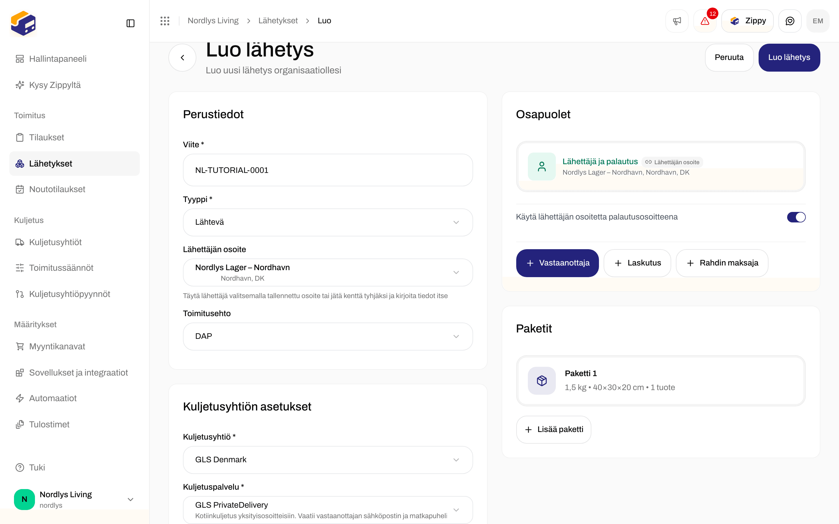 Luo lähetys -lomake täytettynä viitteellä, lähettäjän osoitteella, GLS PrivateDeliverylla ja yhdellä paketilla