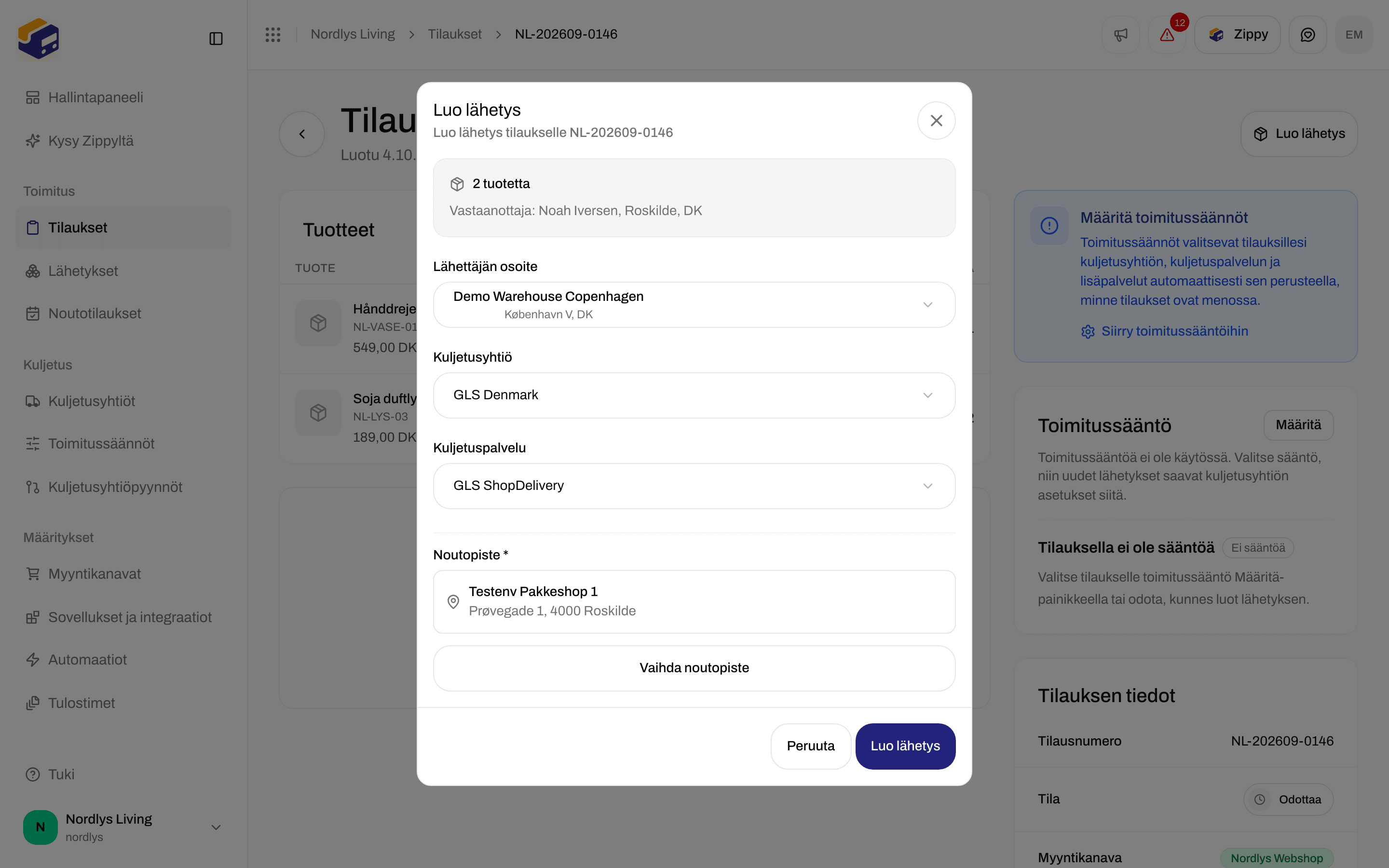 Luo lähetys -ikkuna, jossa GLS ShopDelivery ja valittu noutopiste