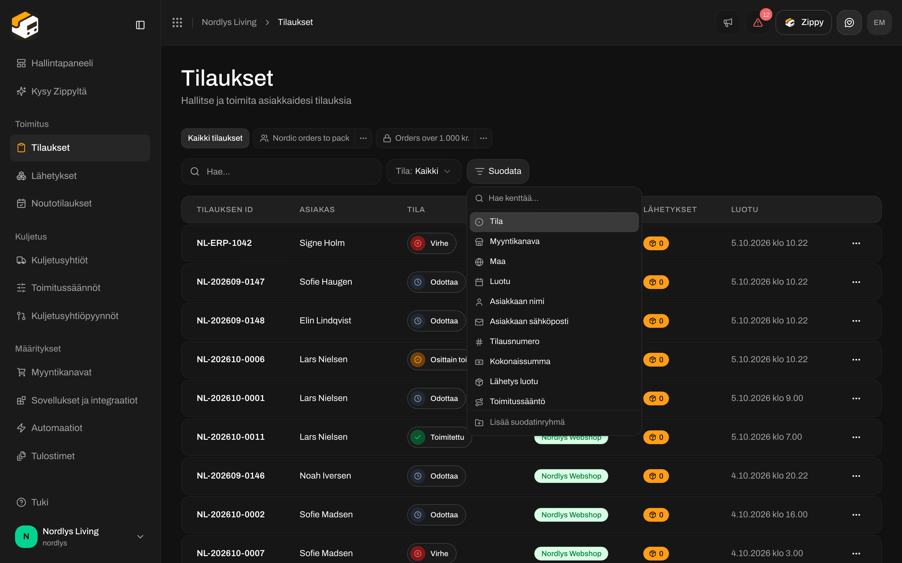 Filter-valikko, jossa luetellaan Status, Order channel, Country, Created ja muut kentät
