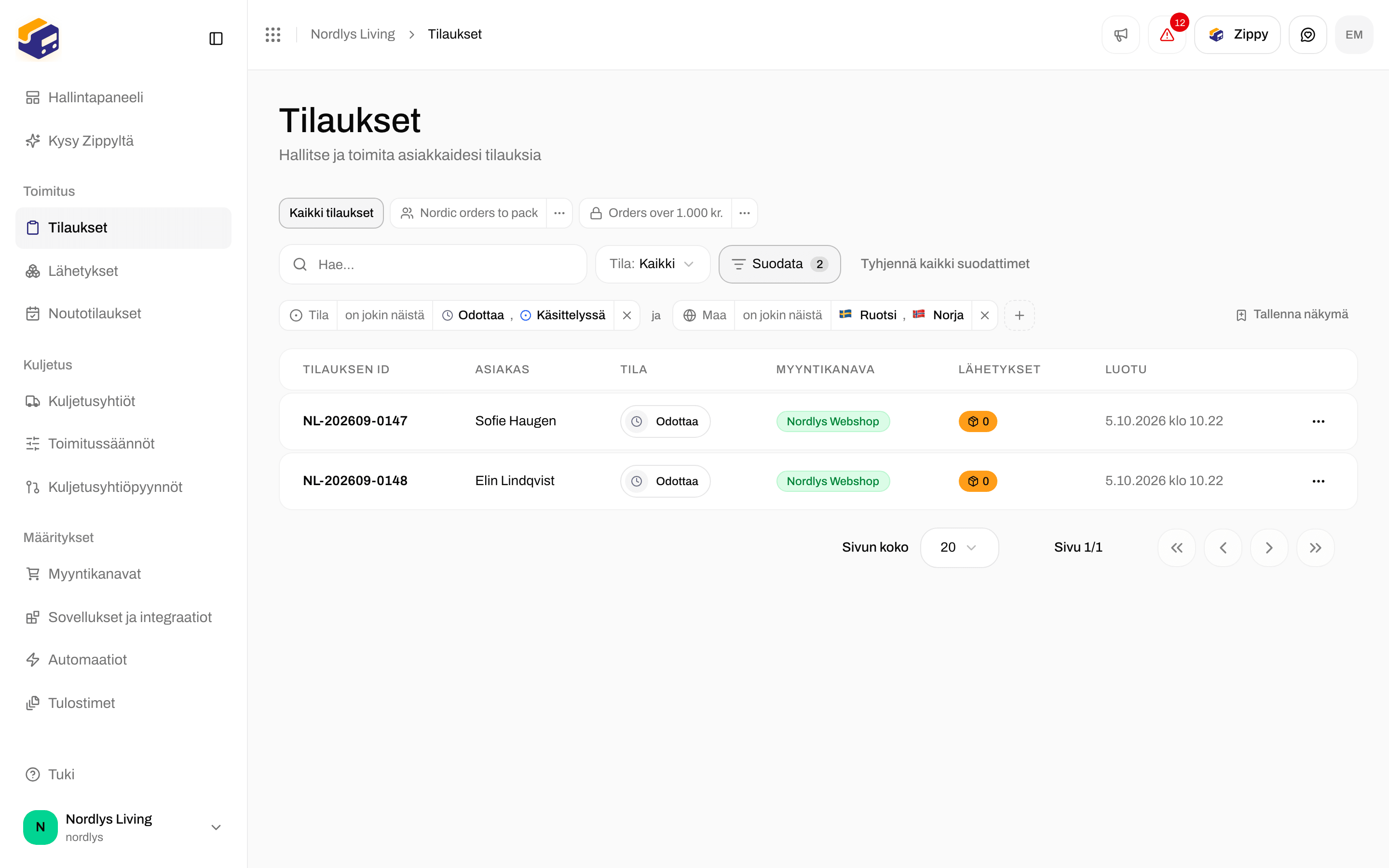 Orders-luettelo rajattuna Status-tunnisteella ja Country-tunnisteella, jotka yhdistää and