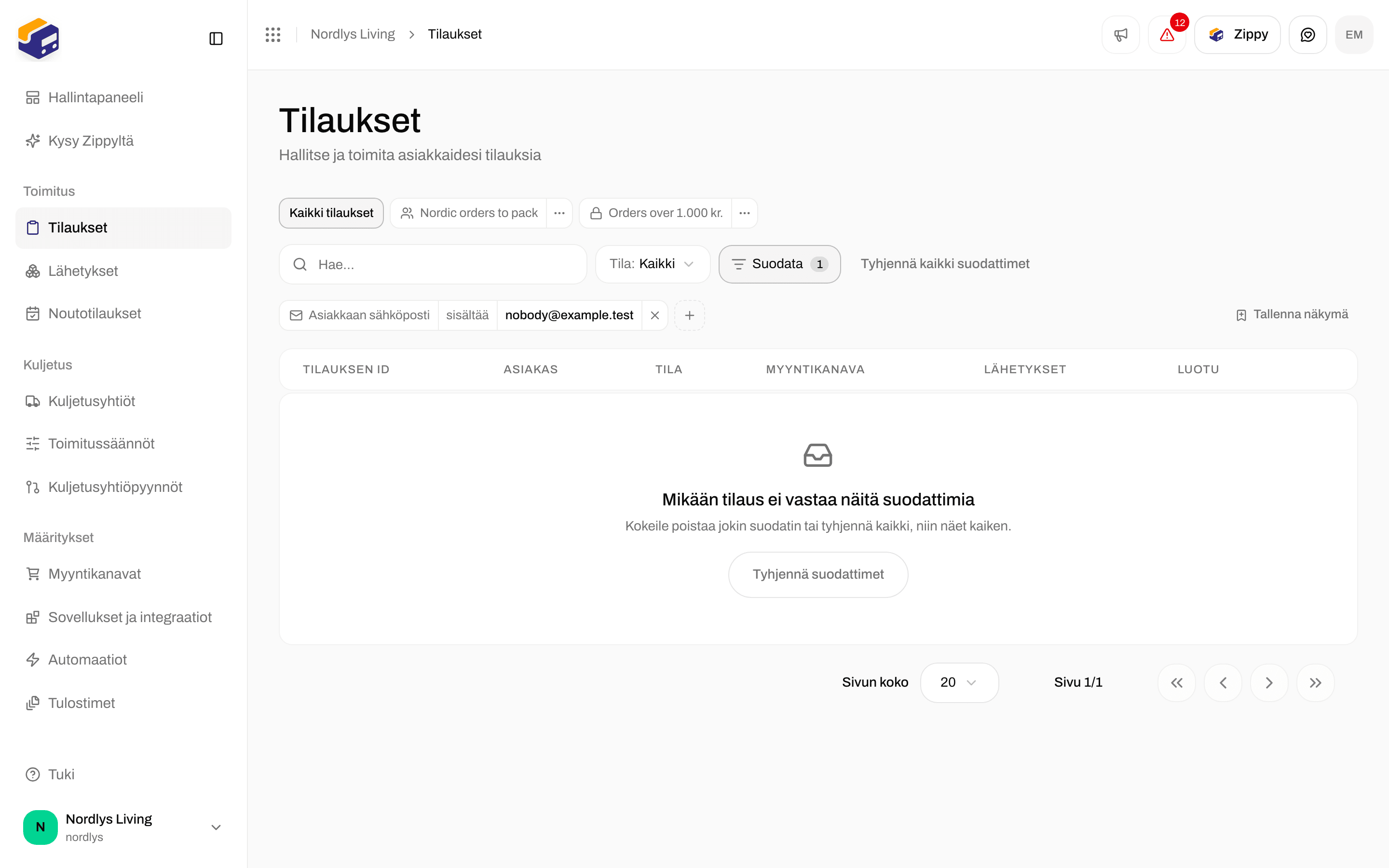 Tyhjä tilaustaulukko, jossa No orders match these filters ja Clear filters -painike