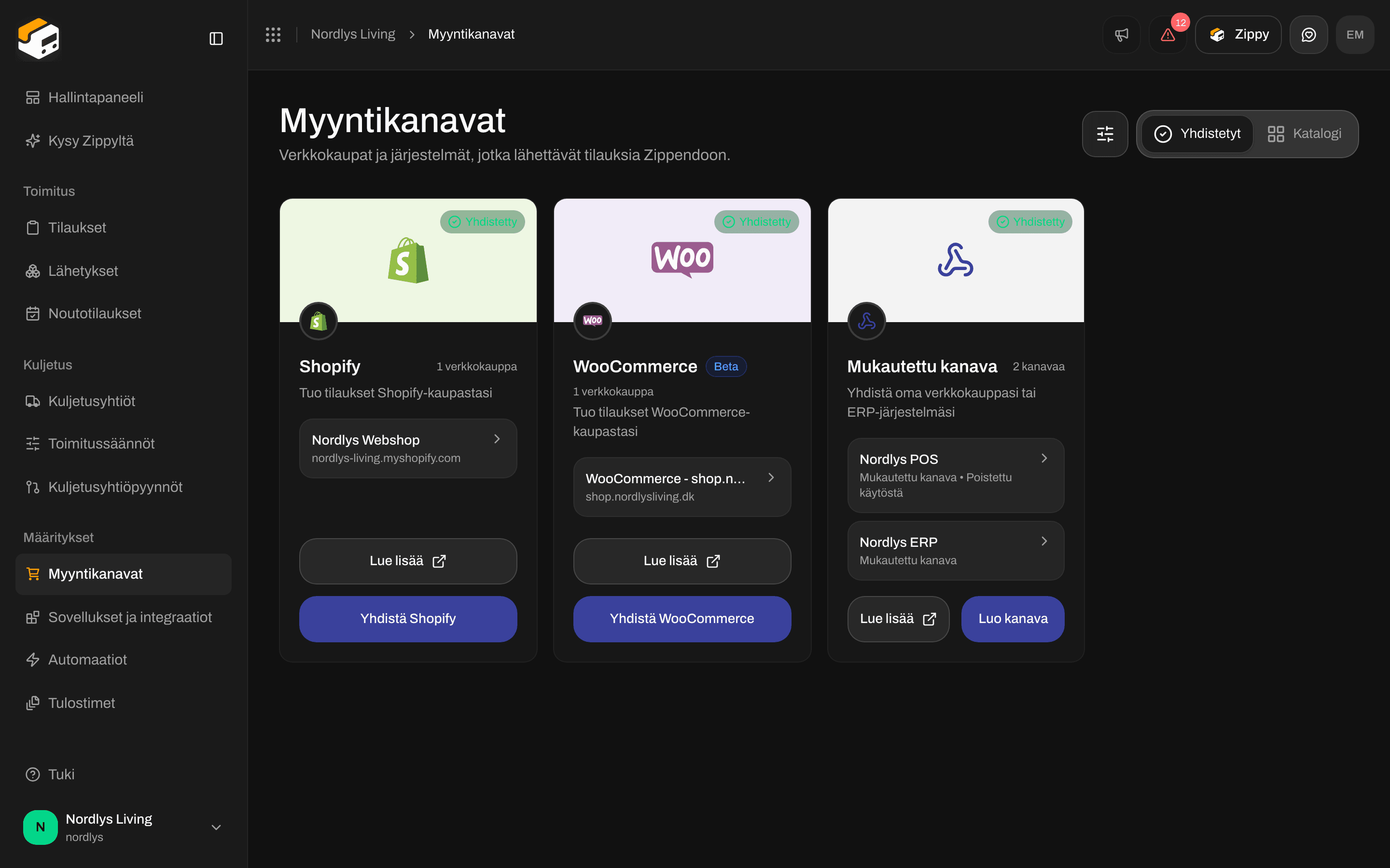 Yhdistetyt myyntikanavat, joissa on Shopify-verkkokauppa ja mukautettu kanava