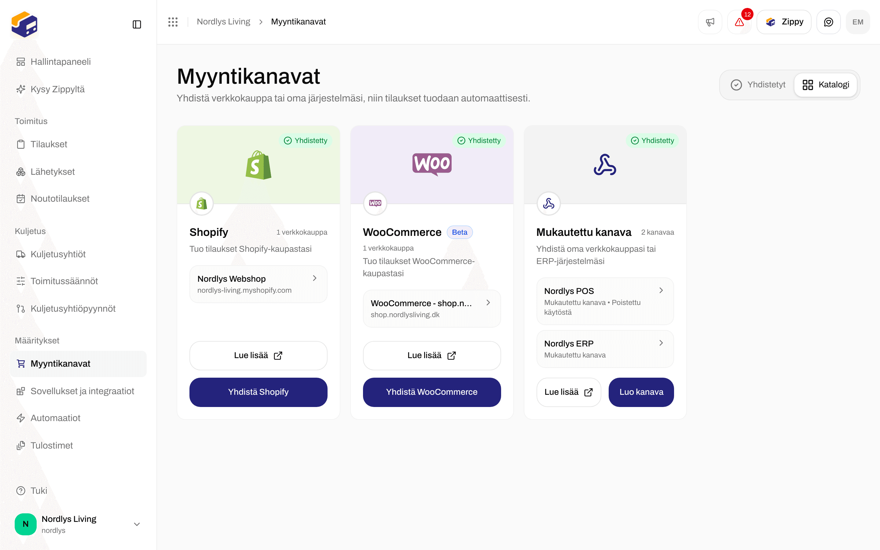 Myyntikanavien katalogi, jossa Shopify, WooCommerce ja mukautettu kanava