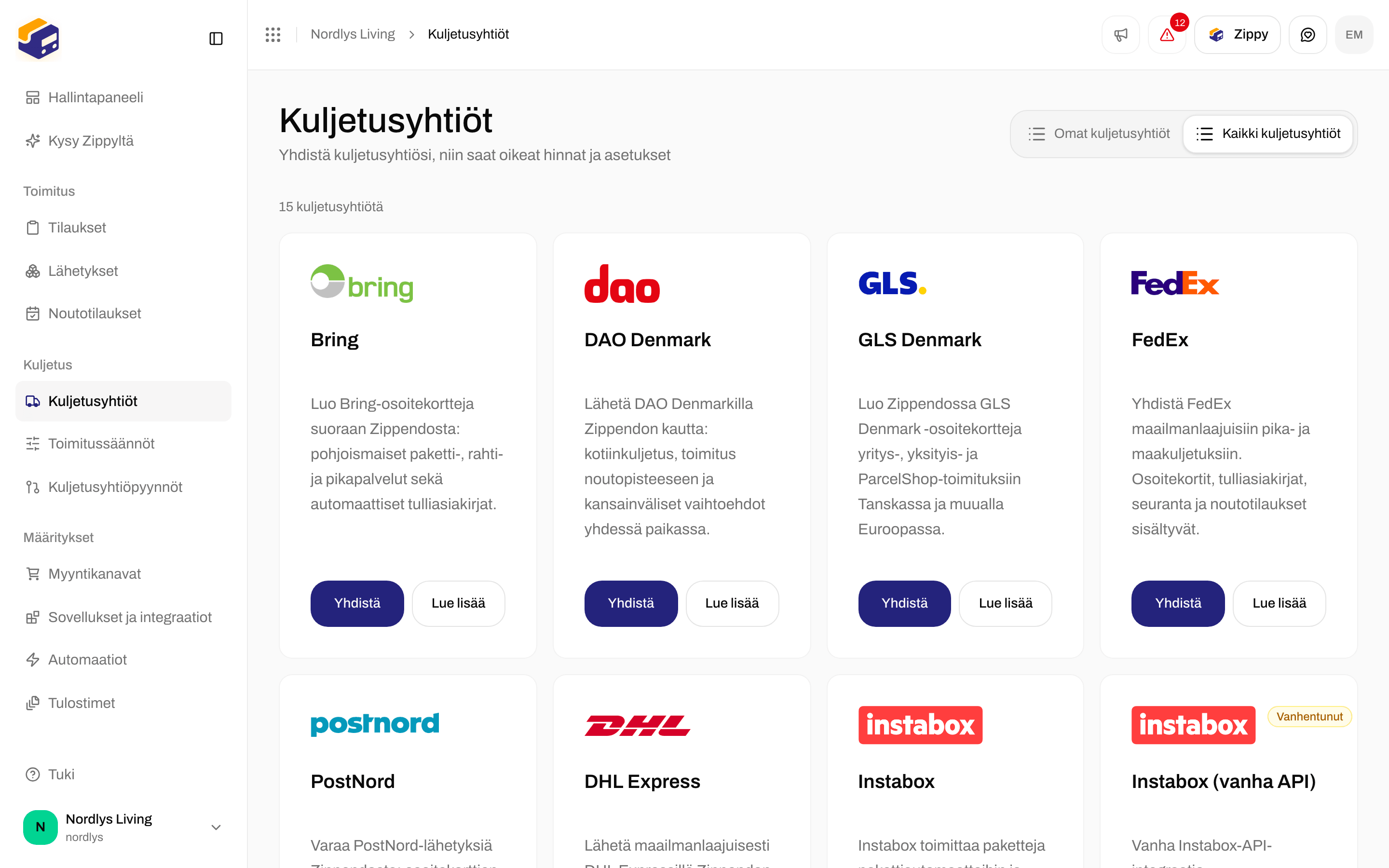 Kaikki kuljetusyhtiöt, joissa Bring, DAO Denmark, GLS Denmark, FedEx, PostNord, DHL Express ja Instabox
