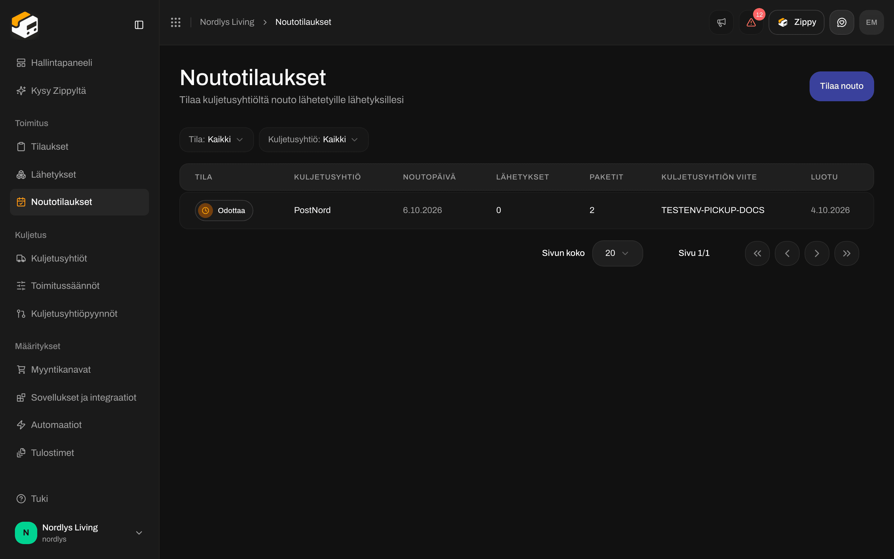 Noutotilaukset-sivu, jolla lukee Ei ajastettuja noutoja, ja Tilaa nouto