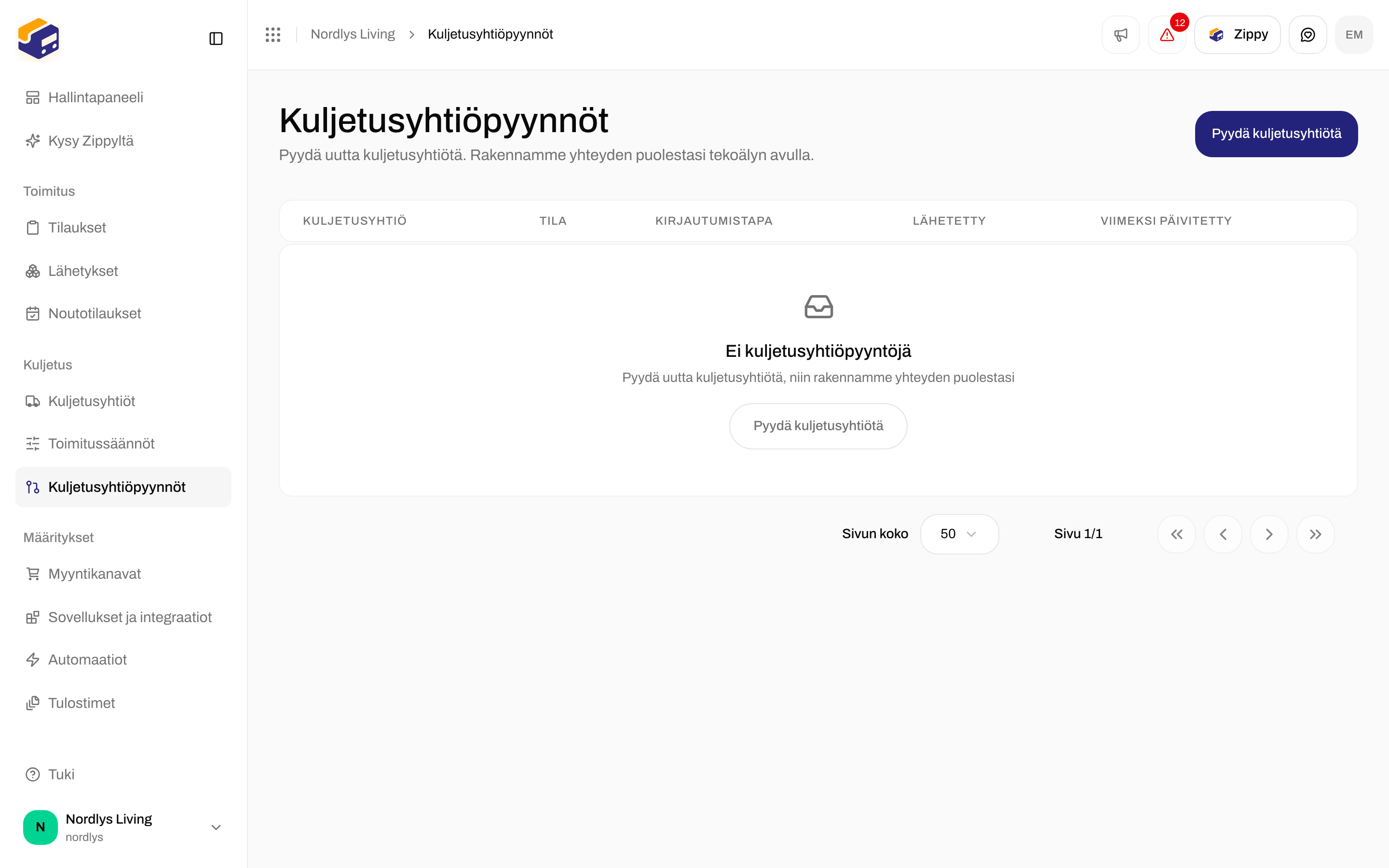 Kuljetusyhtiöpyynnöt-sivu ilman pyyntöjä ja Pyydä kuljetusyhtiötä -painike