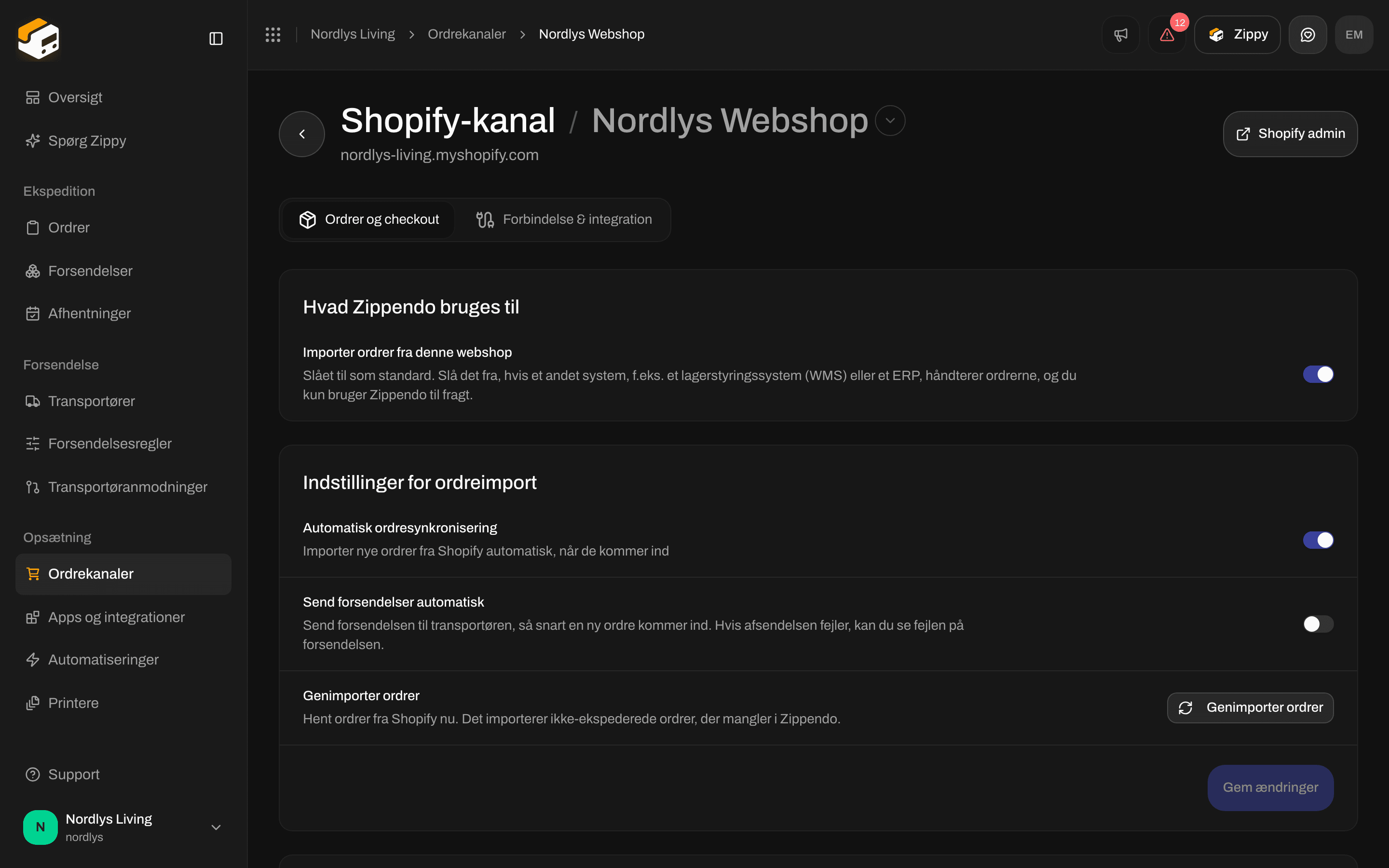 Fanen Ordrer og checkout med Automatisk ordresynkronisering slået til, Send forsendelser automatisk slået fra, Genimporter ordrer og Synkroniser fulfillment til Shopify slået til