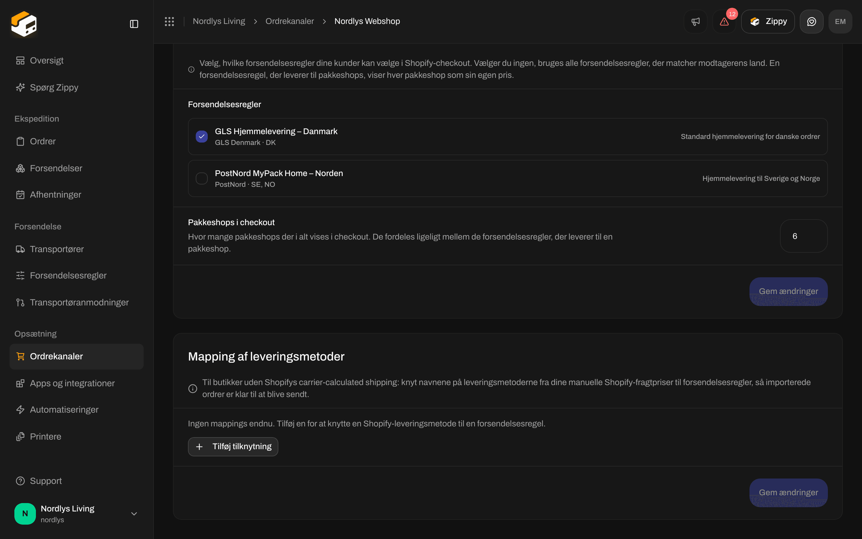 Sektionen Mapping af leveringsmetoder med Ingen mappings endnu og en knap Tilføj mapping