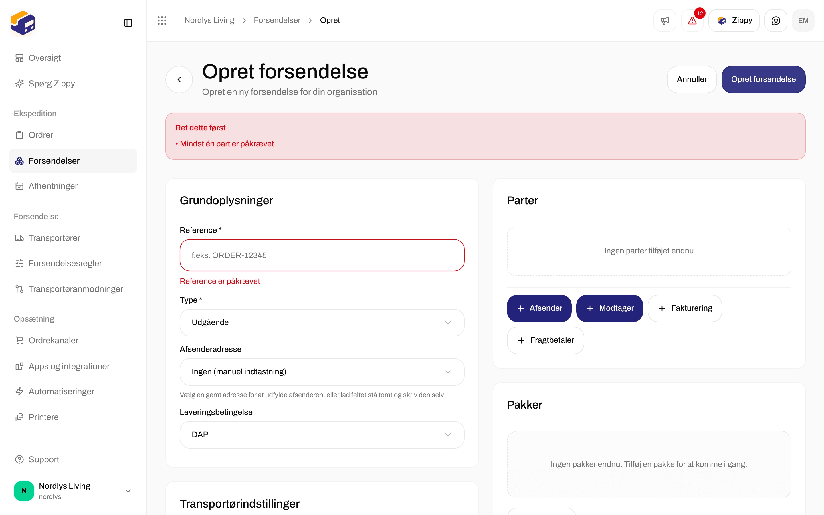 Formularen Opret forsendelse, der viser Reference er påkrævet og Mindst én part er påkrævet