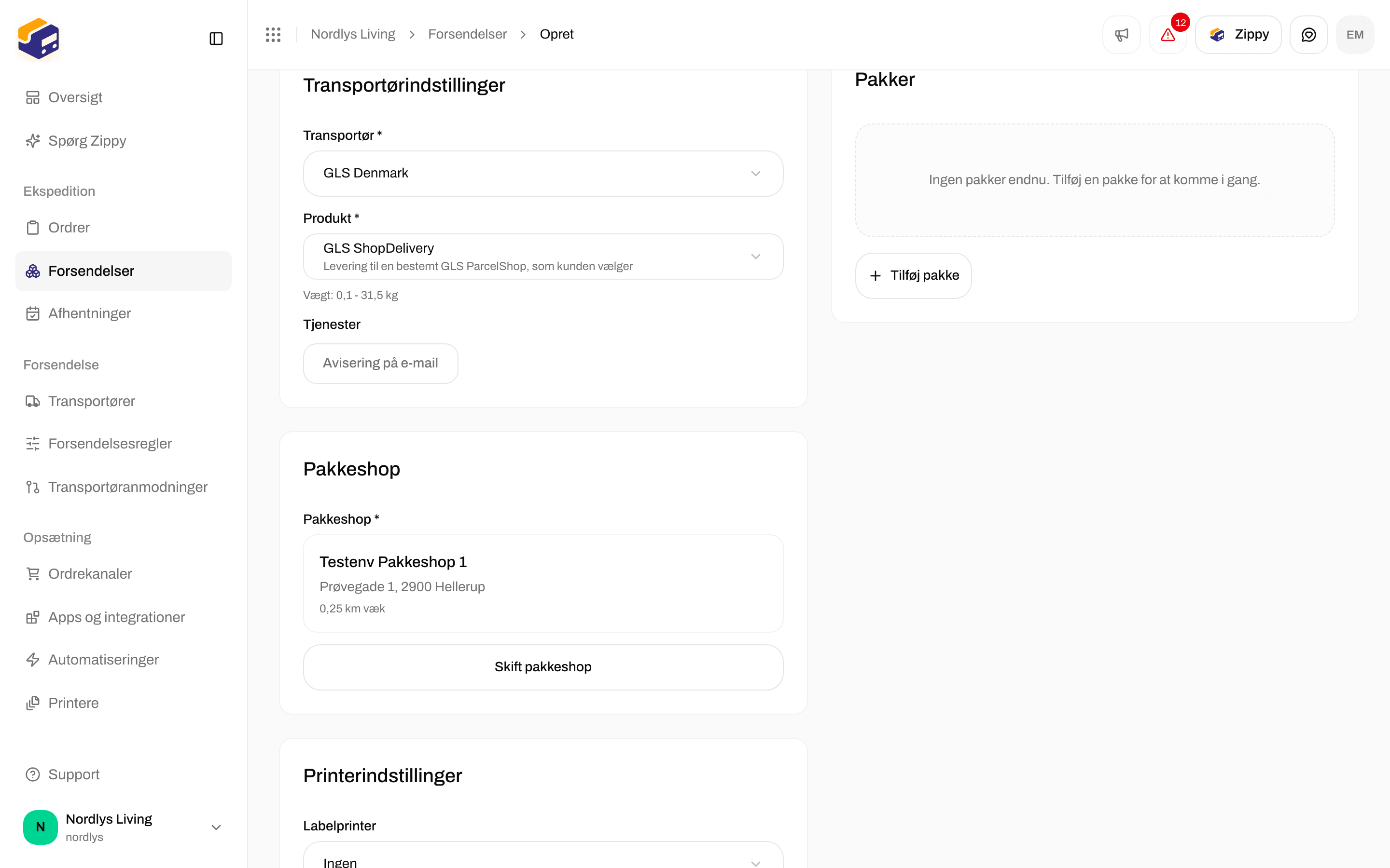 GLS ShopDelivery valgt og afsnittet Pakkeshop, der viser den valgte pakkeshop, dens afstand og en knap Skift pakkeshop