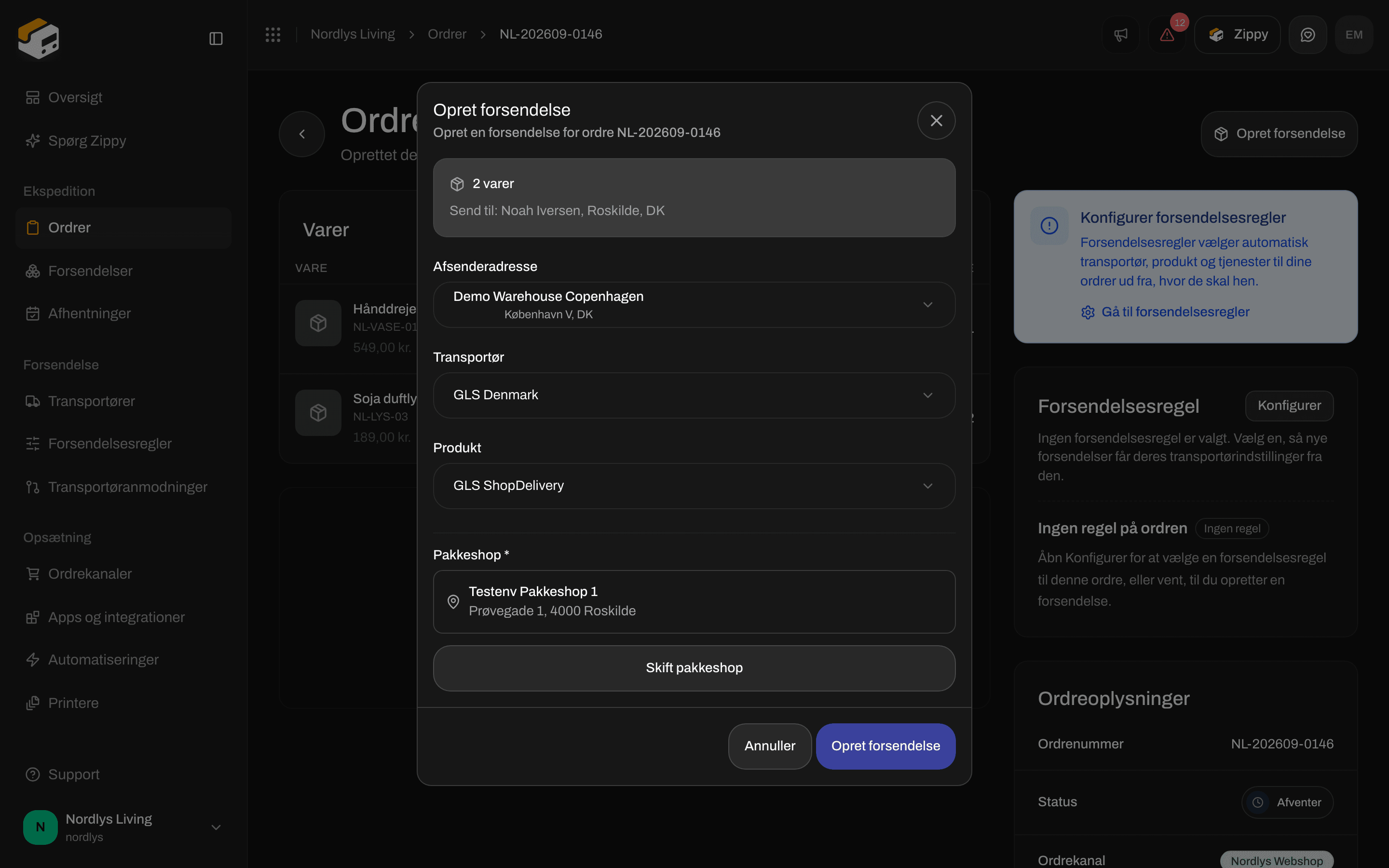 Vinduet Opret forsendelse med GLS ShopDelivery og en valgt pakkeshop