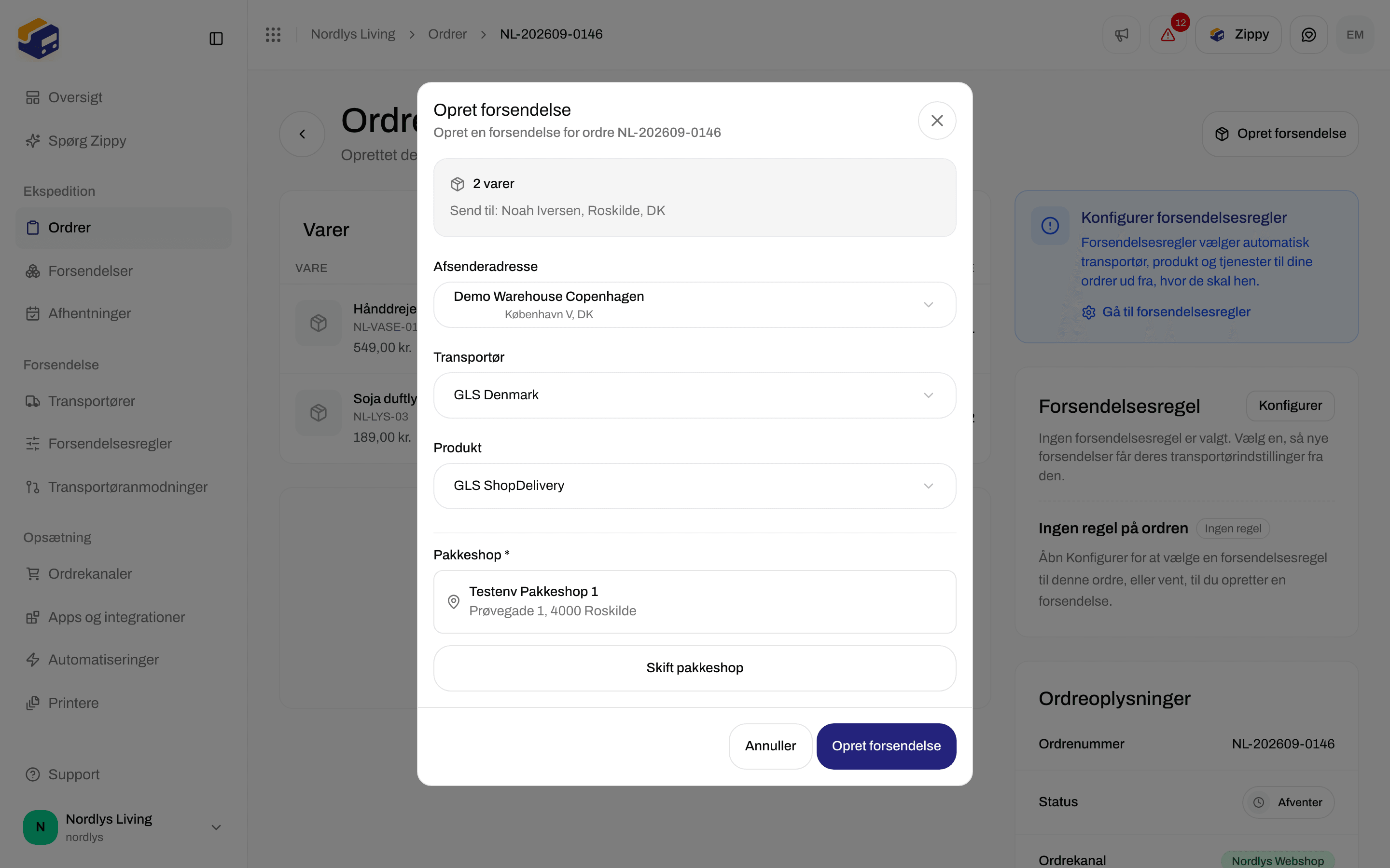 Vinduet Opret forsendelse med GLS ShopDelivery og en valgt pakkeshop
